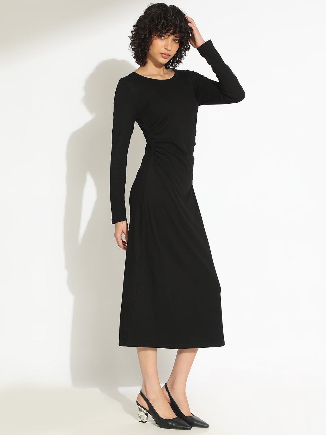 Women's Black Long Sleeve Midi Dress with Side Ruched Detailing