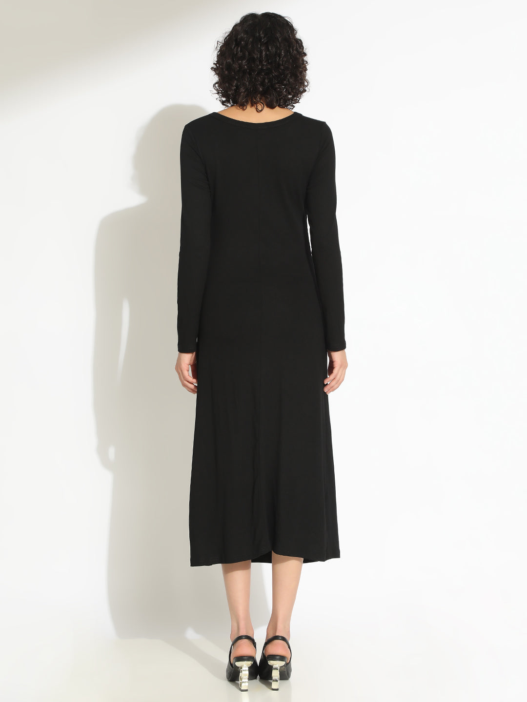 Women's Black Long Sleeve Midi Dress with Side Ruched Detailing
