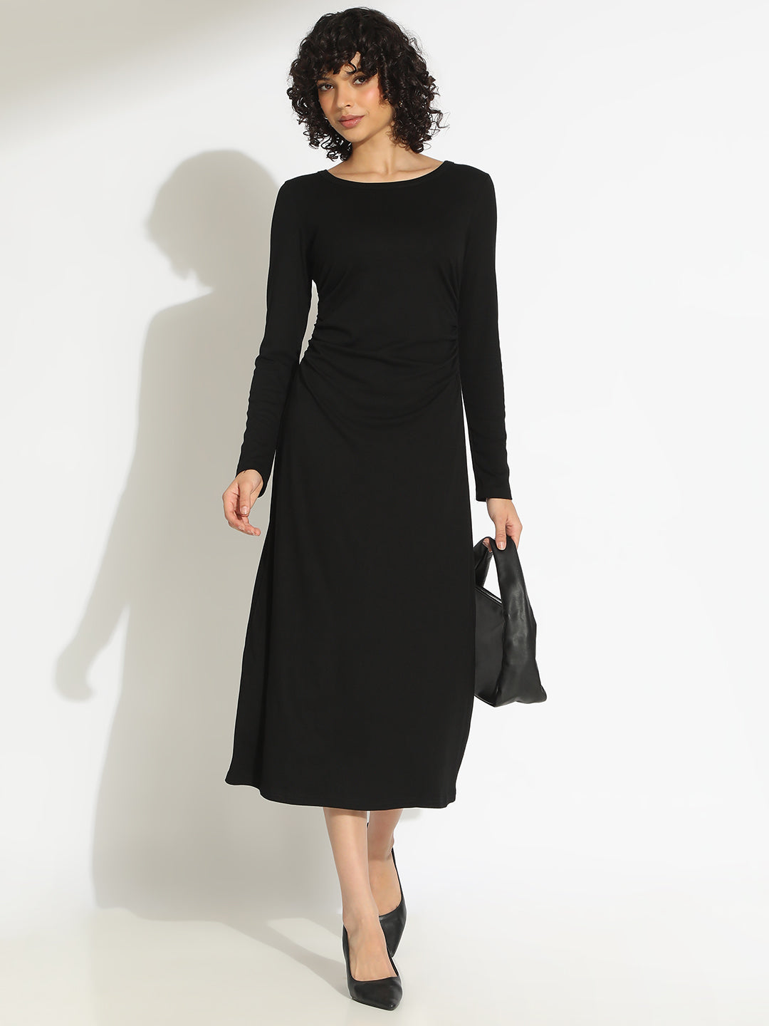Women's Black Long Sleeve Midi Dress with Side Ruched Detailing