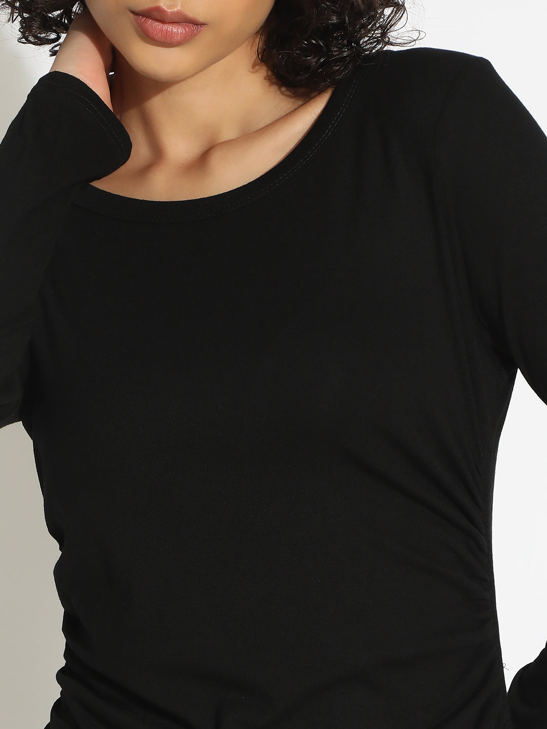 Women's Black Long Sleeve Midi Dress with Side Ruched Detailing