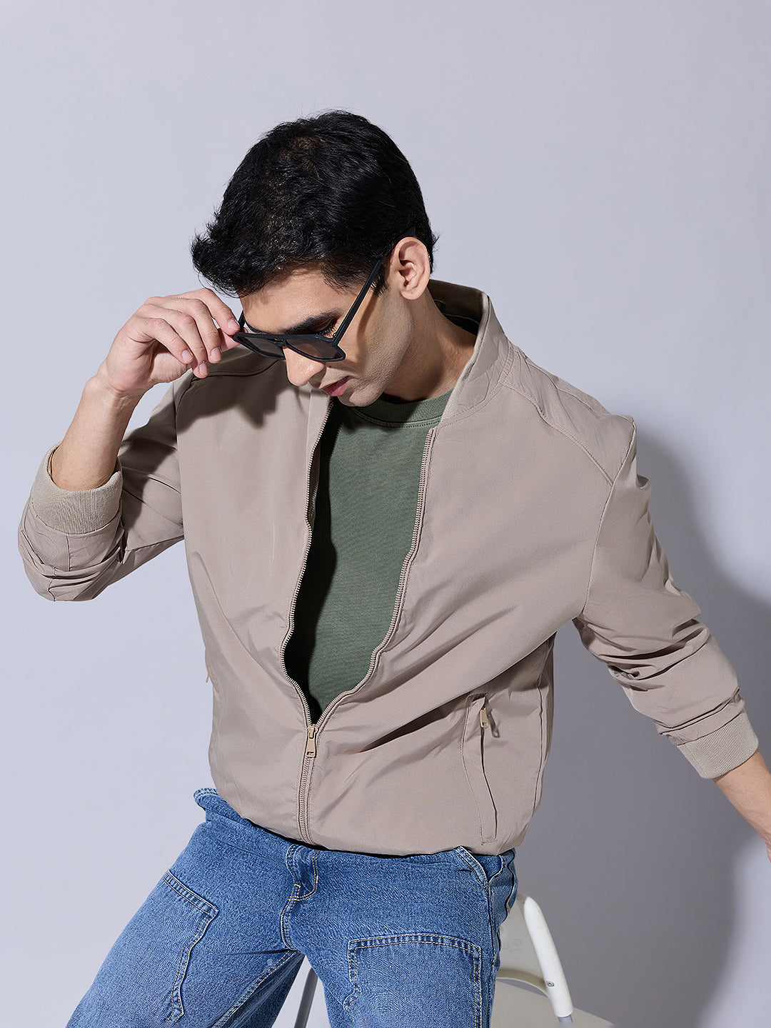 Men's Beige Zip-Up Bomber Jacket