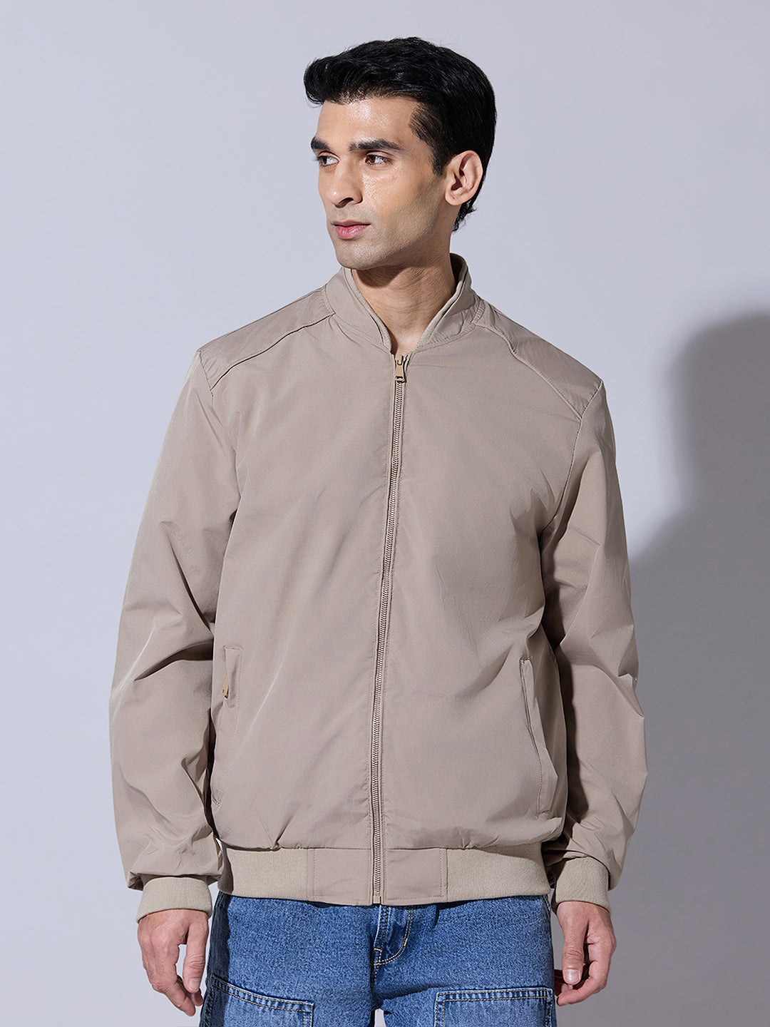 Men's Beige Zip-Up Bomber Jacket