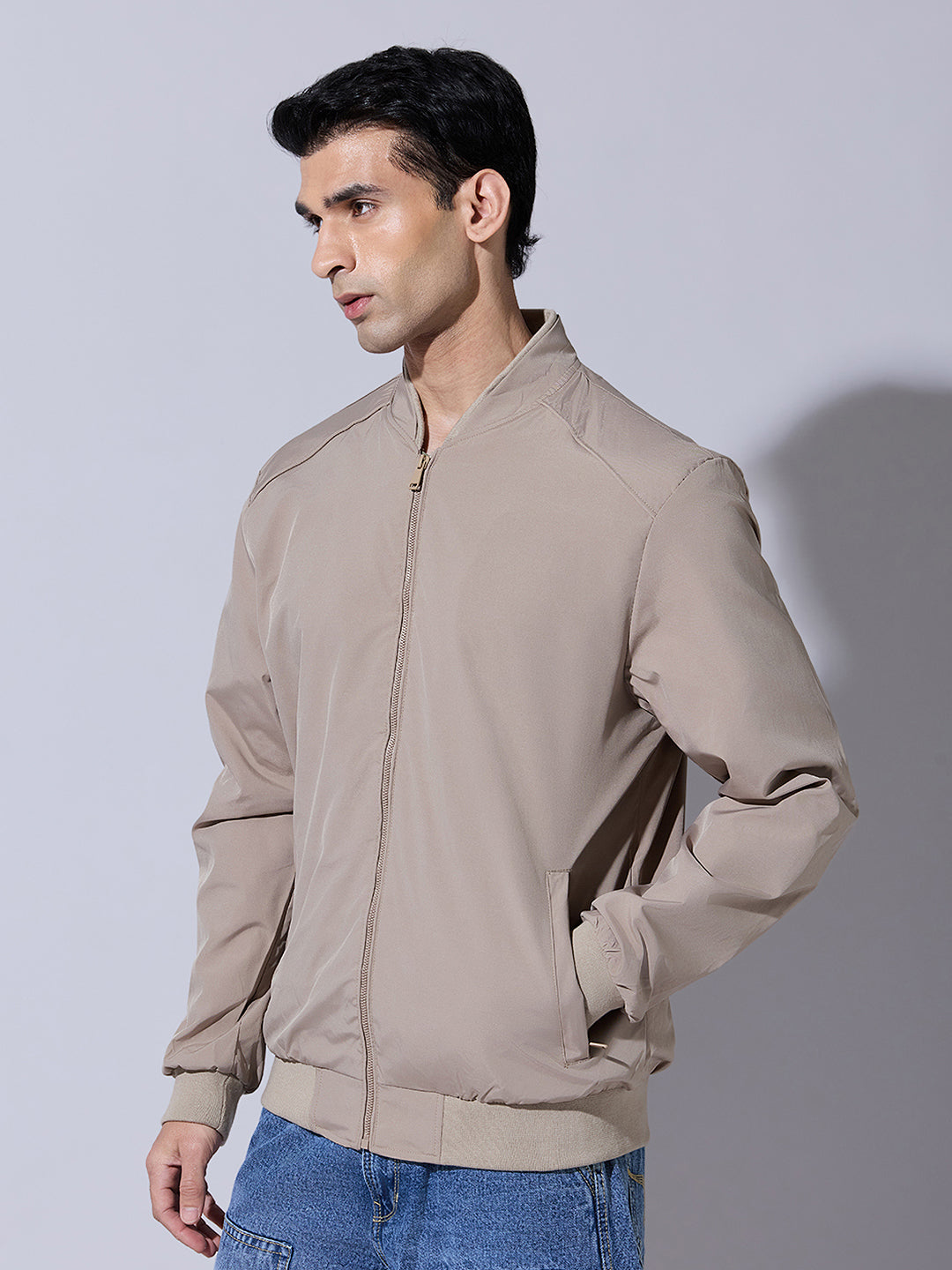 Men's Beige Zip-Up Bomber Jacket