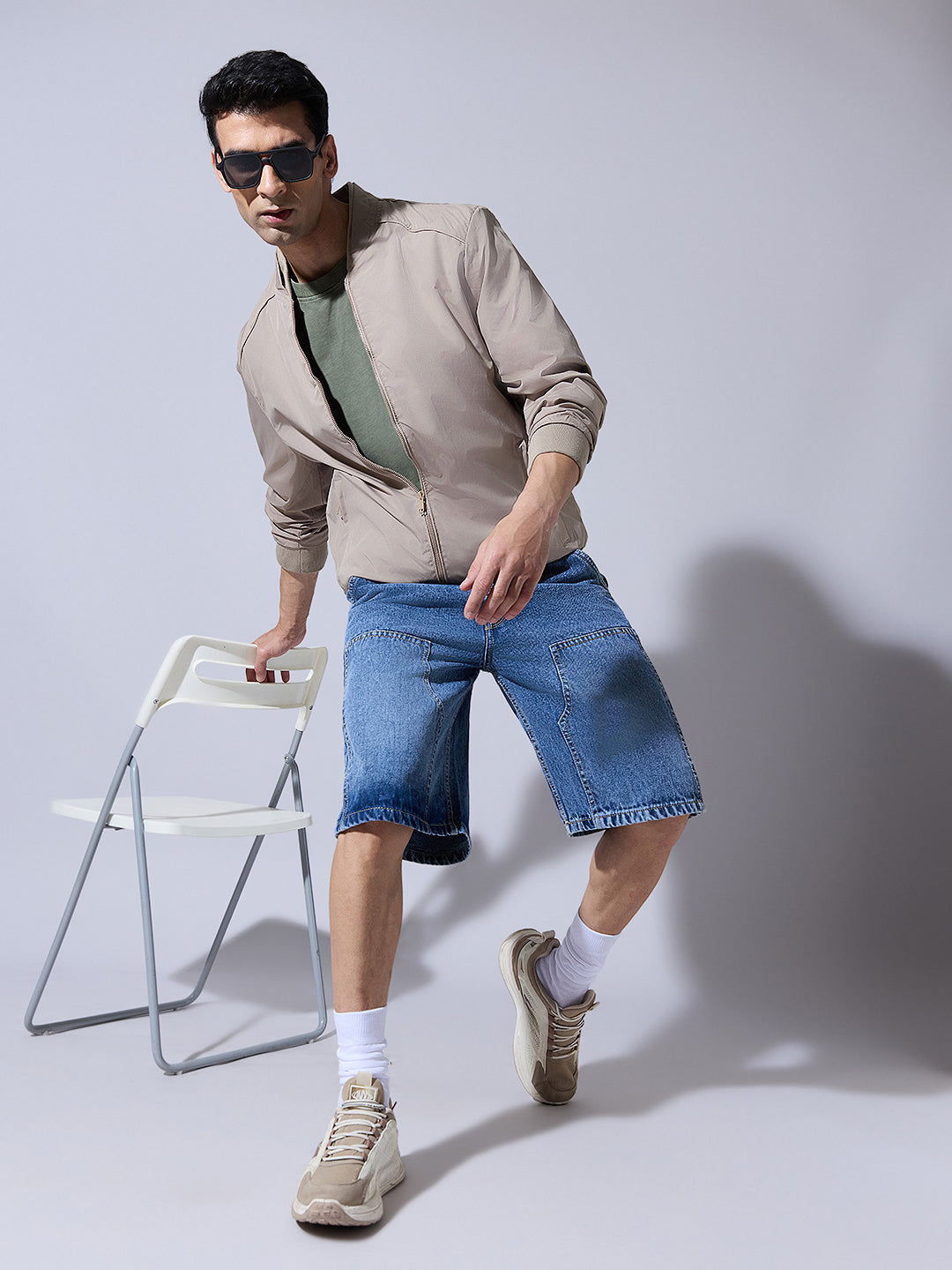 Men's Beige Zip-Up Bomber Jacket