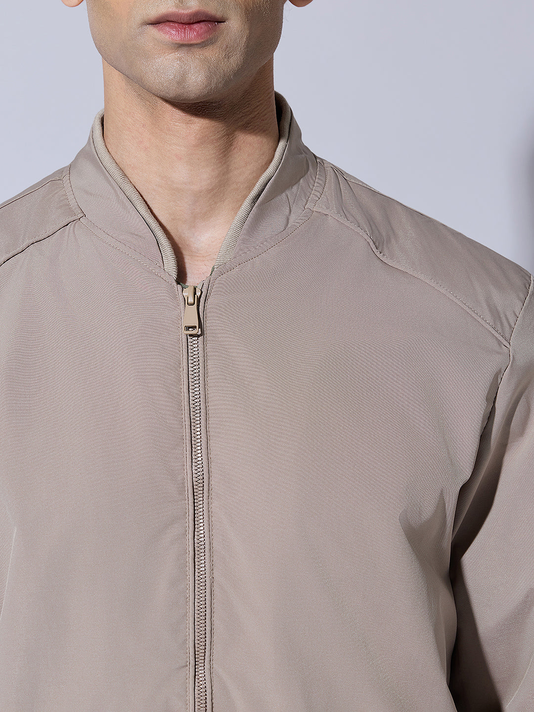 Men's Beige Zip-Up Bomber Jacket