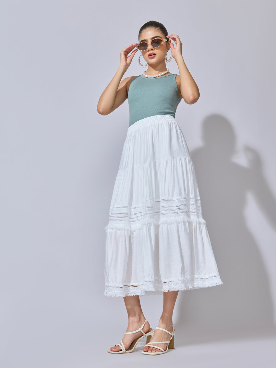Women's Lace Panel White Tiered Midi Skirt with Frill Hem