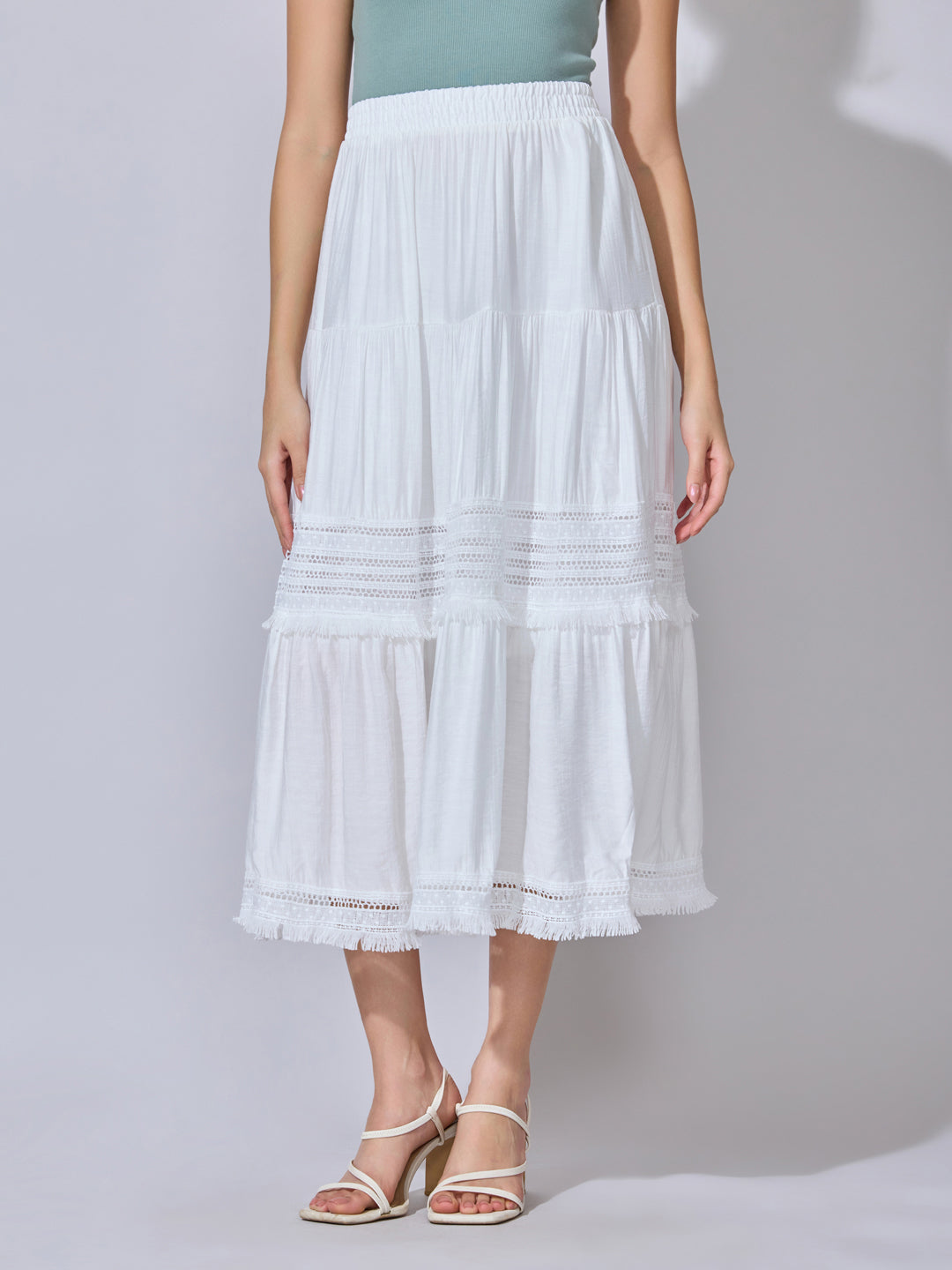 Women's Lace Panel White Tiered Midi Skirt with Frill Hem