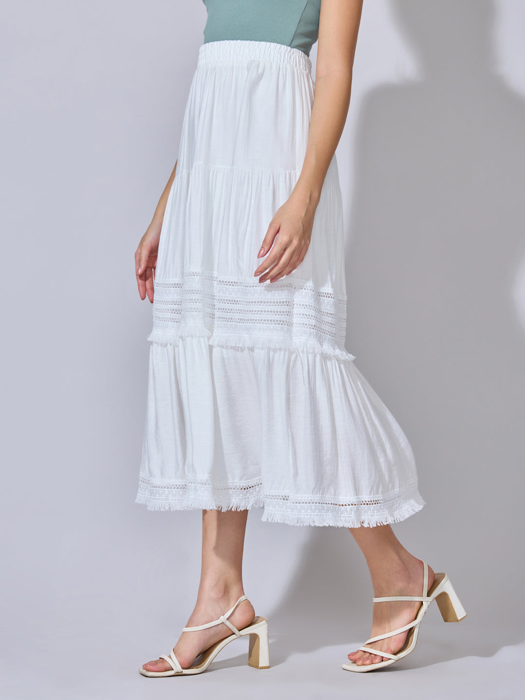 Women's Lace Panel White Tiered Midi Skirt with Frill Hem