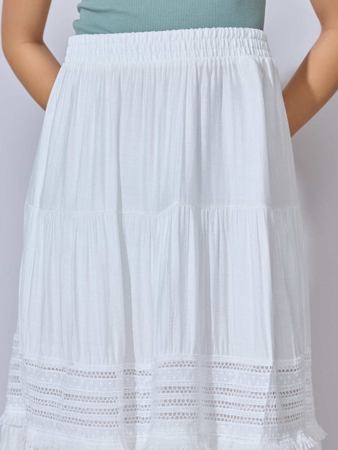 Women's Lace Panel White Tiered Midi Skirt with Frill Hem
