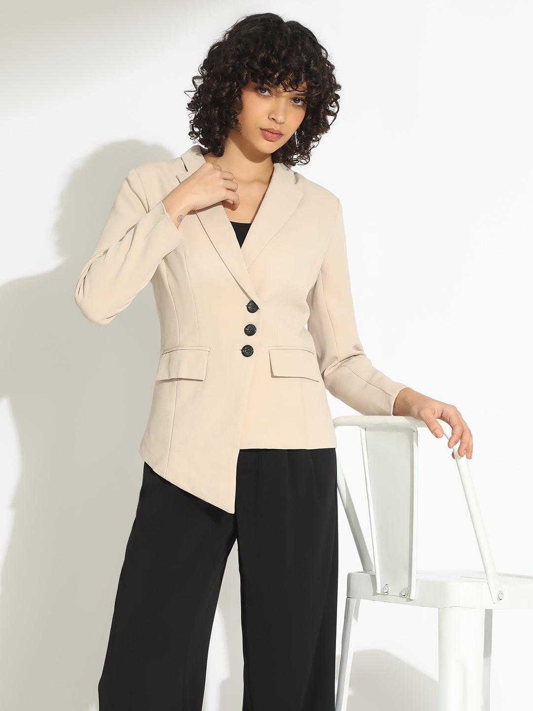 Women's Beige Tailored Blazer with Asymmetric Hem