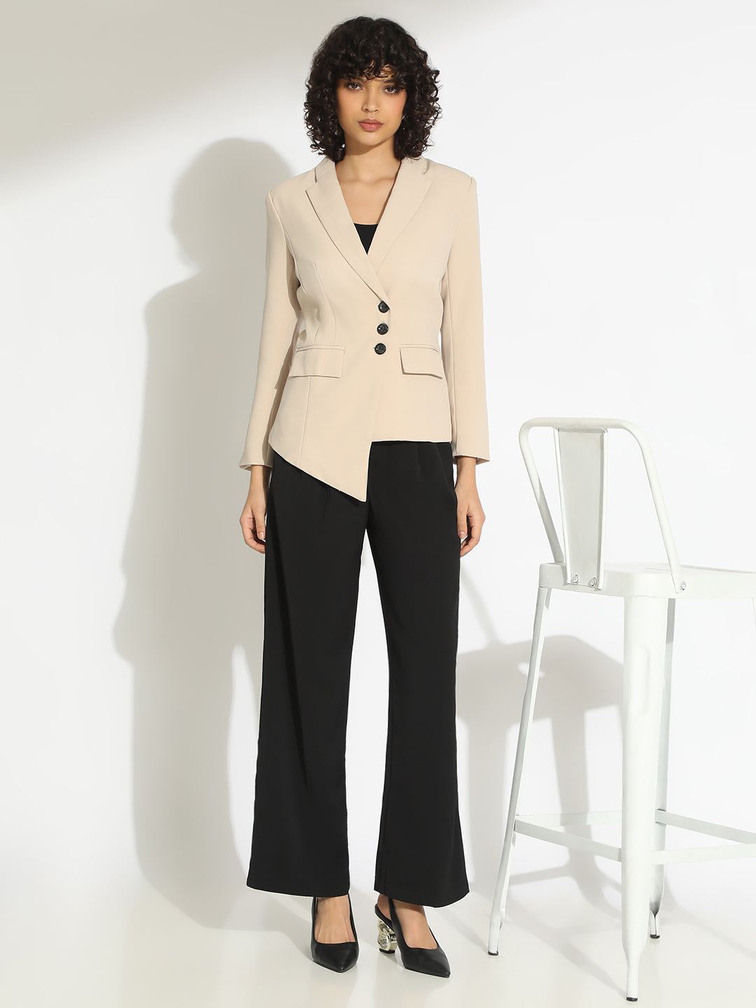 Women's Beige Tailored Blazer with Asymmetric Hem