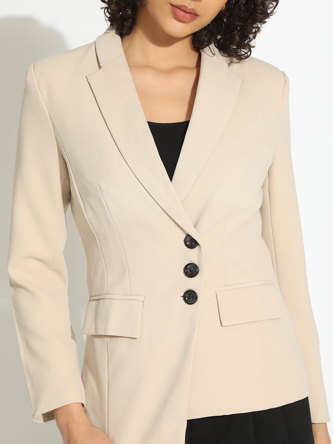 Women's Beige Tailored Blazer with Asymmetric Hem