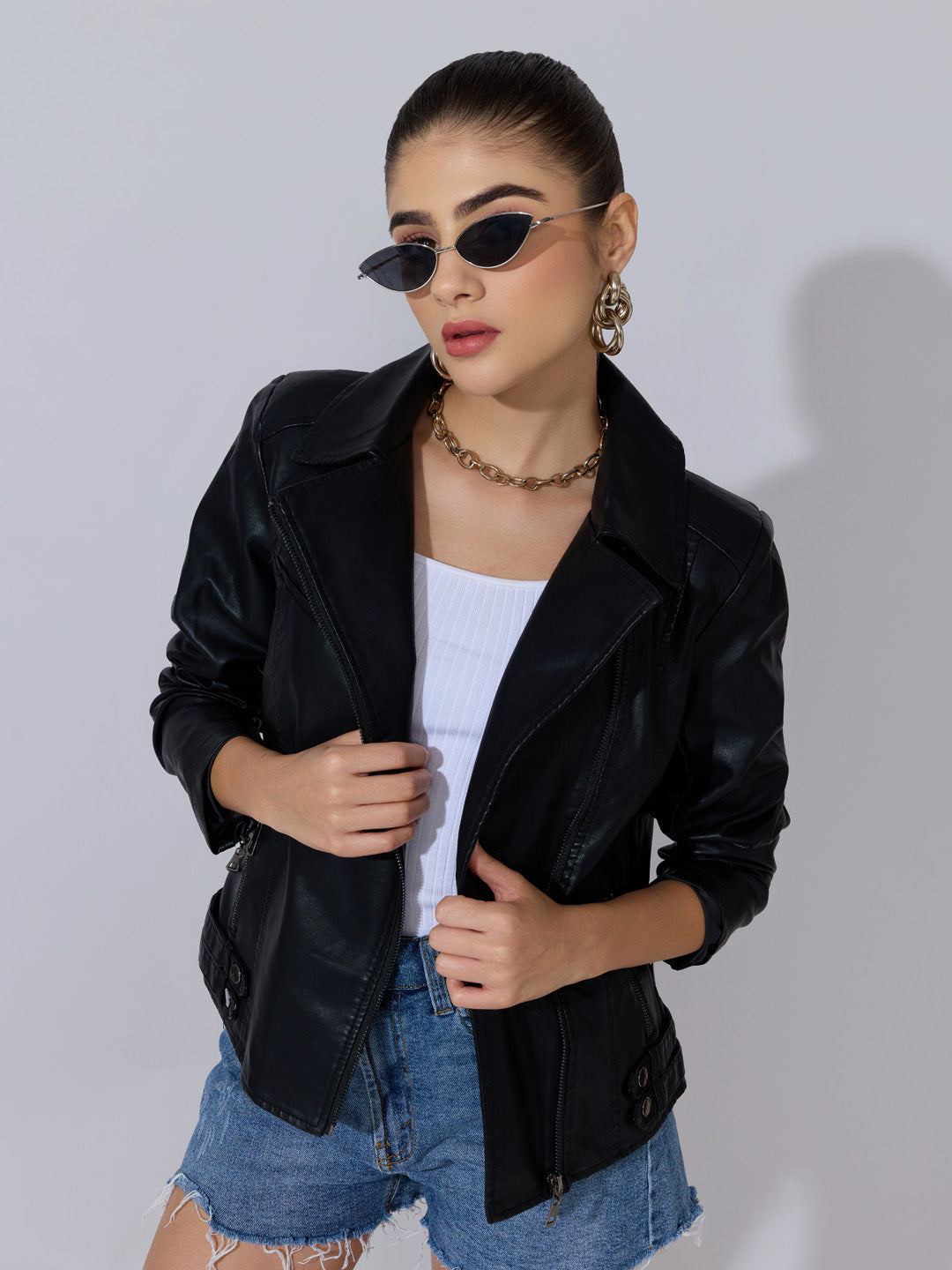 Women's Black Faux Leather Biker Jacket with Asymmetric Zip