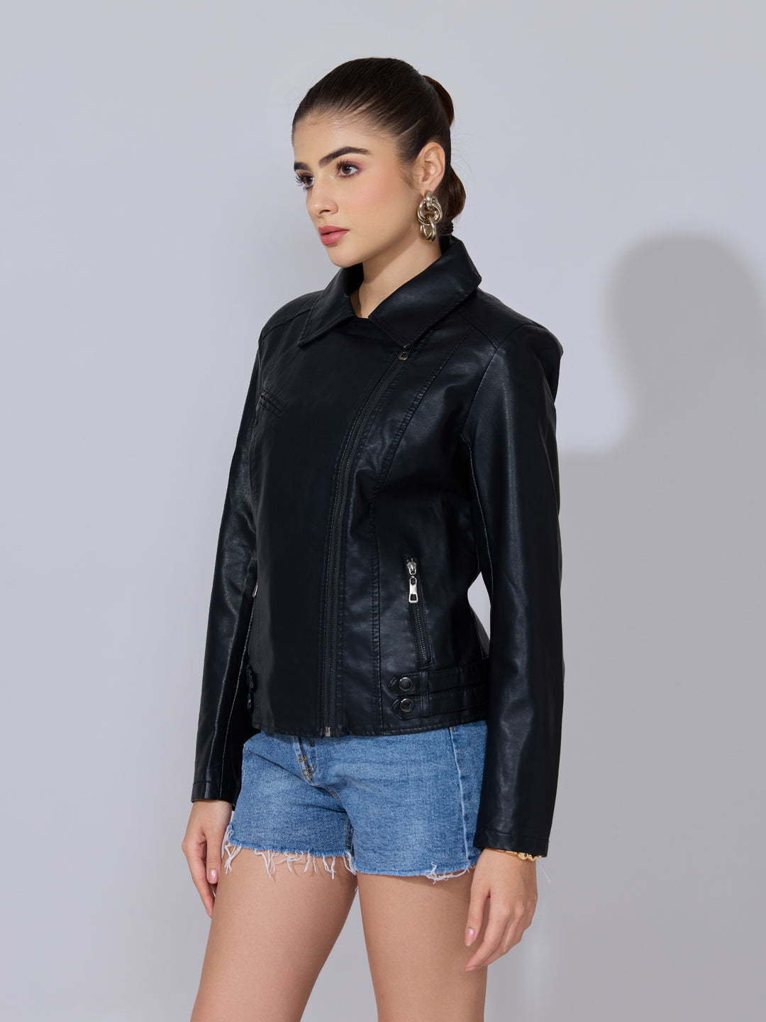 Women's Black Faux Leather Biker Jacket with Asymmetric Zip