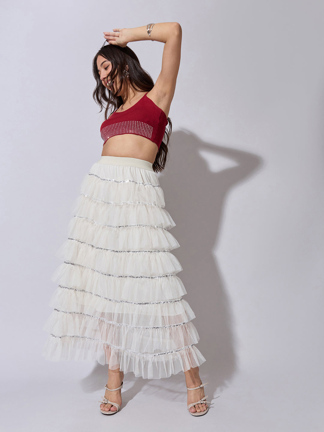 Women's Layered Ruffle Cream Maxi Skirt with Sequin Trim Detail