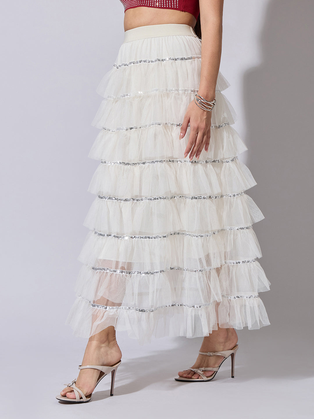 Women's Layered Ruffle Cream Maxi Skirt with Sequin Trim Detail