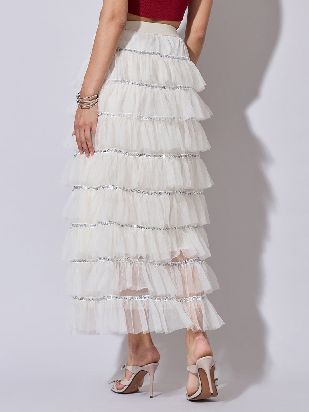 Women's Layered Ruffle Cream Maxi Skirt with Sequin Trim Detail
