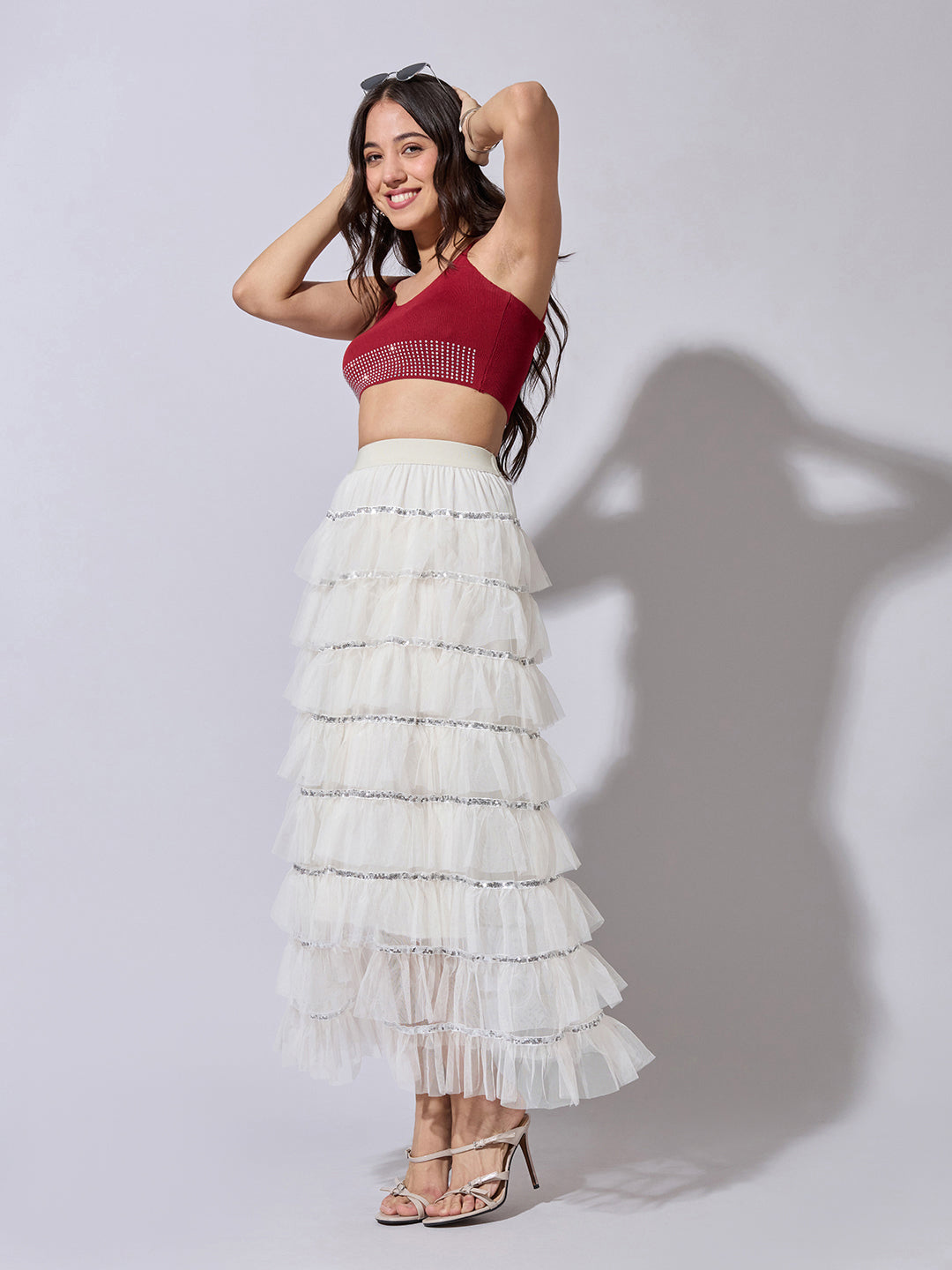 Women's Layered Ruffle Cream Maxi Skirt with Sequin Trim Detail