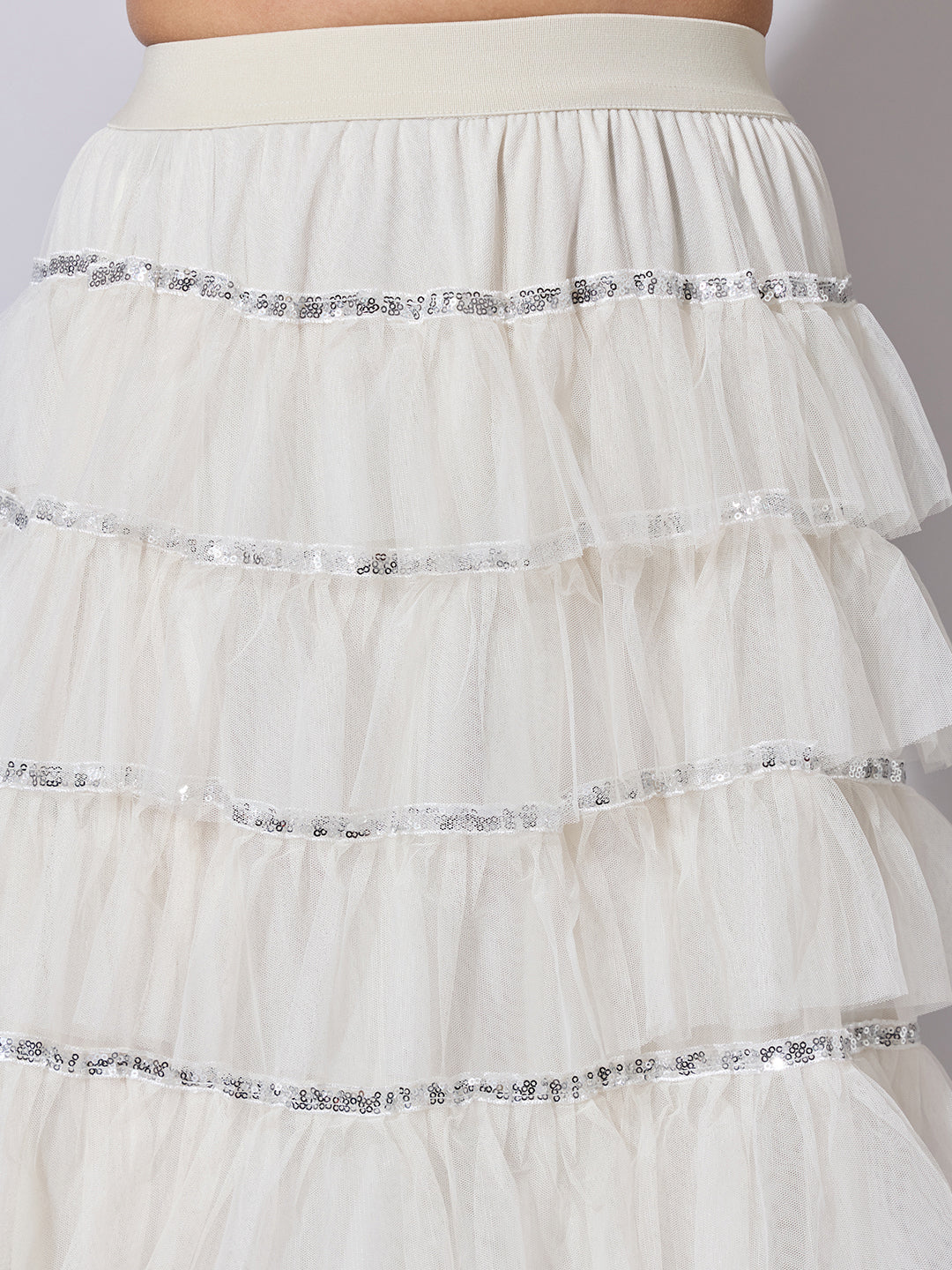 Women's Layered Ruffle Cream Maxi Skirt with Sequin Trim Detail