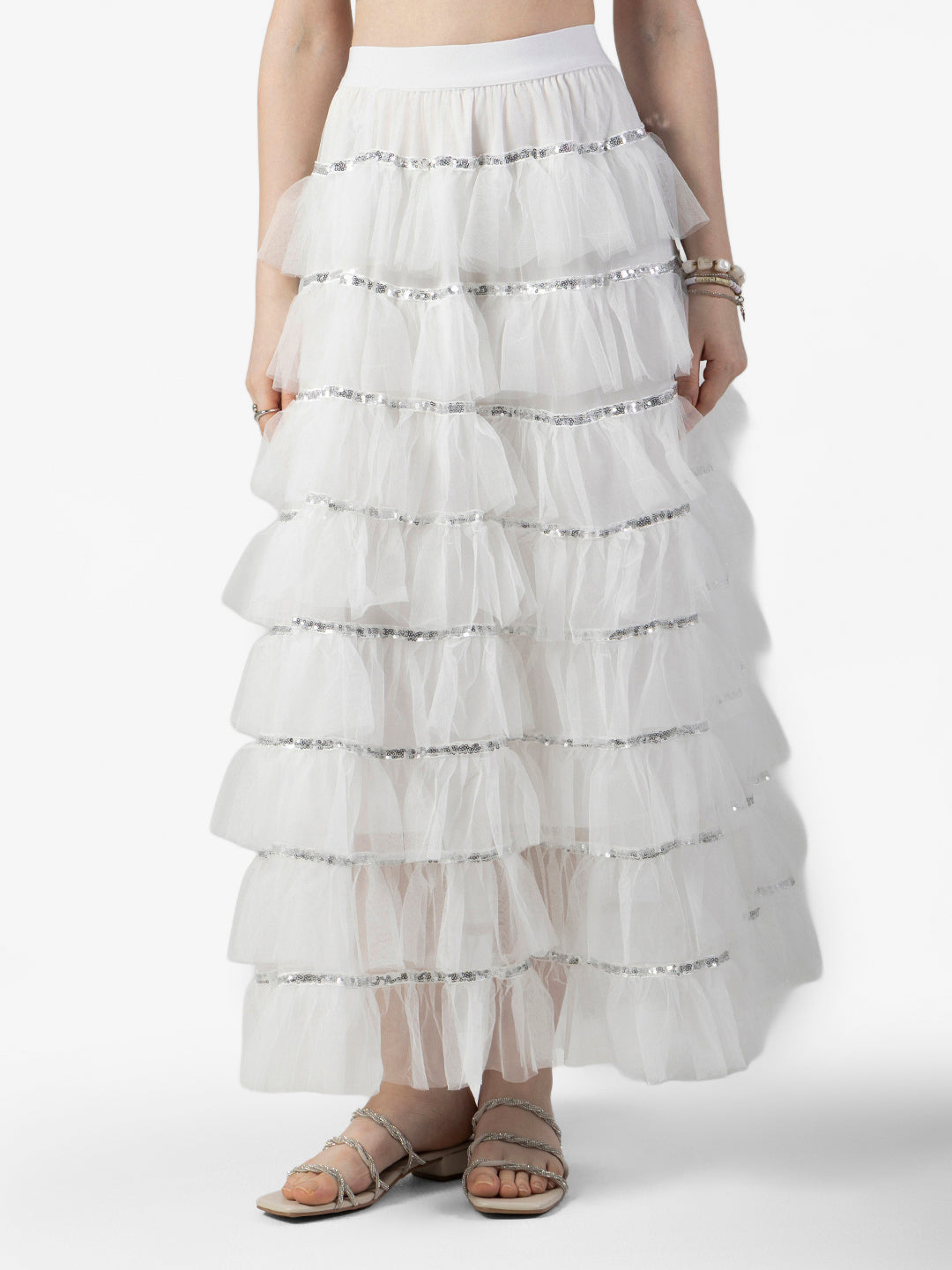 Women's Layered Ruffle White Maxi Skirt with Sequin Trim Detail