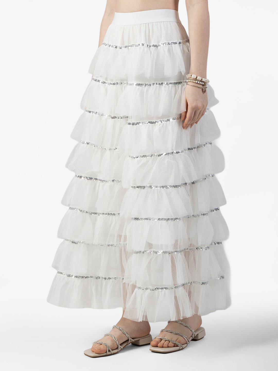 Women's Layered Ruffle White Maxi Skirt with Sequin Trim Detail