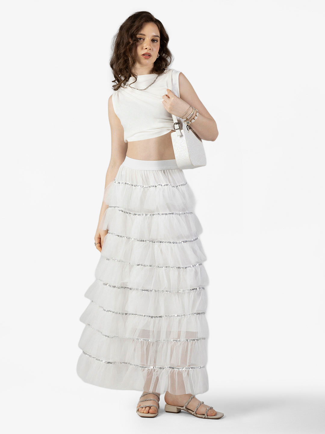 Women's Layered Ruffle White Maxi Skirt with Sequin Trim Detail