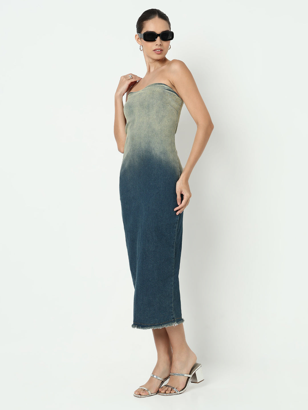 Women's Ombre Blue Bodycon Maxi Dress with Back Slit