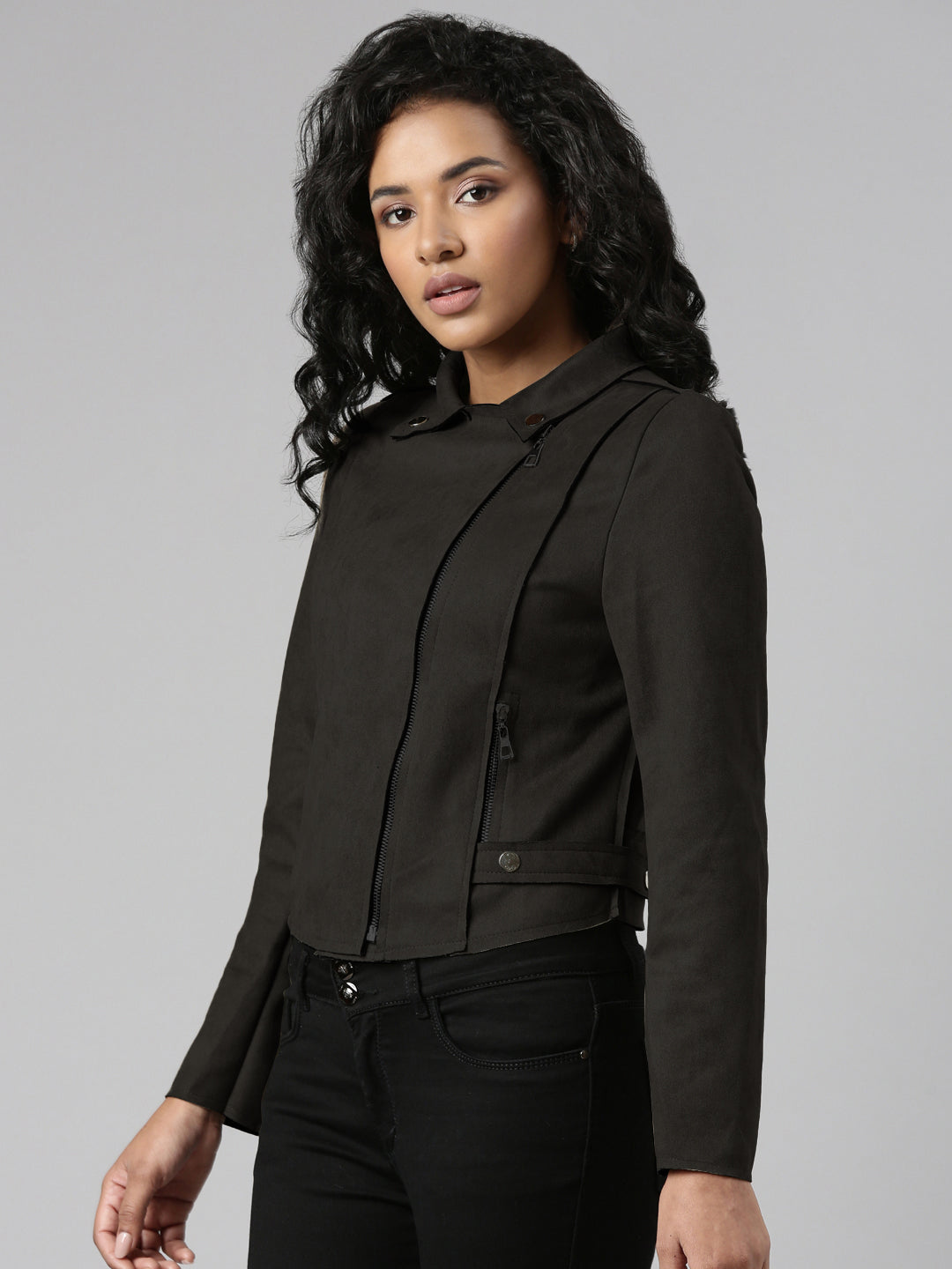 Women Lapel Collar Black Solid Tailored Jacket