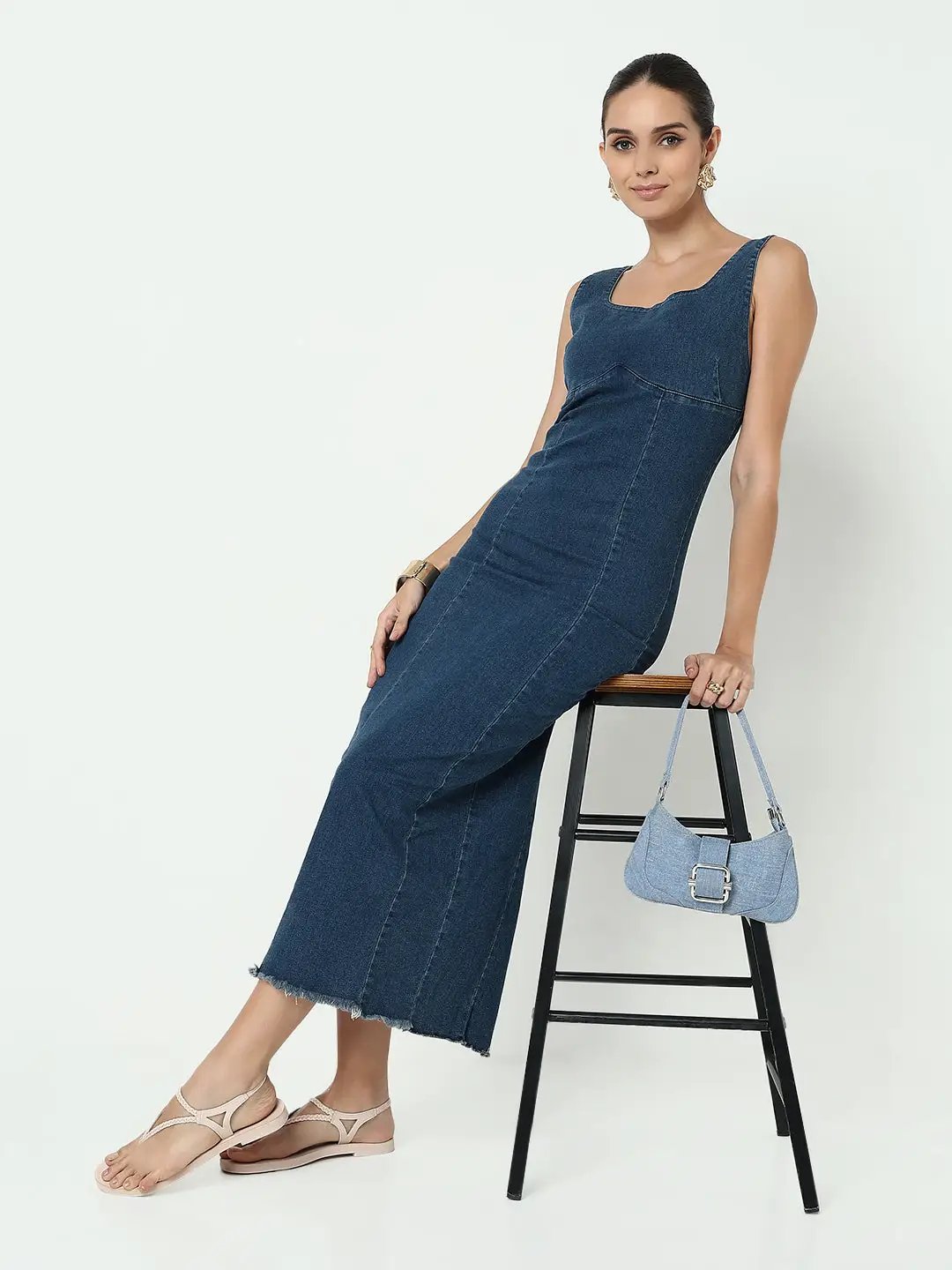 Women's Blue Denim Bodycon Maxi Dress with Back Slit Women's Blue Denim Bodycon Maxi Dress with Back Slit