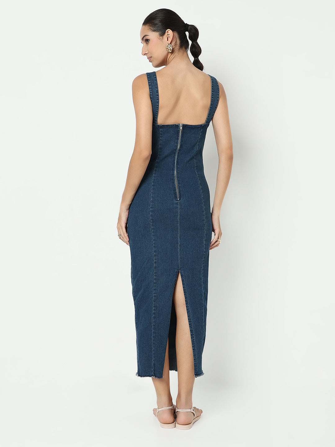 Women's Blue Denim Bodycon Maxi Dress with Back Slit