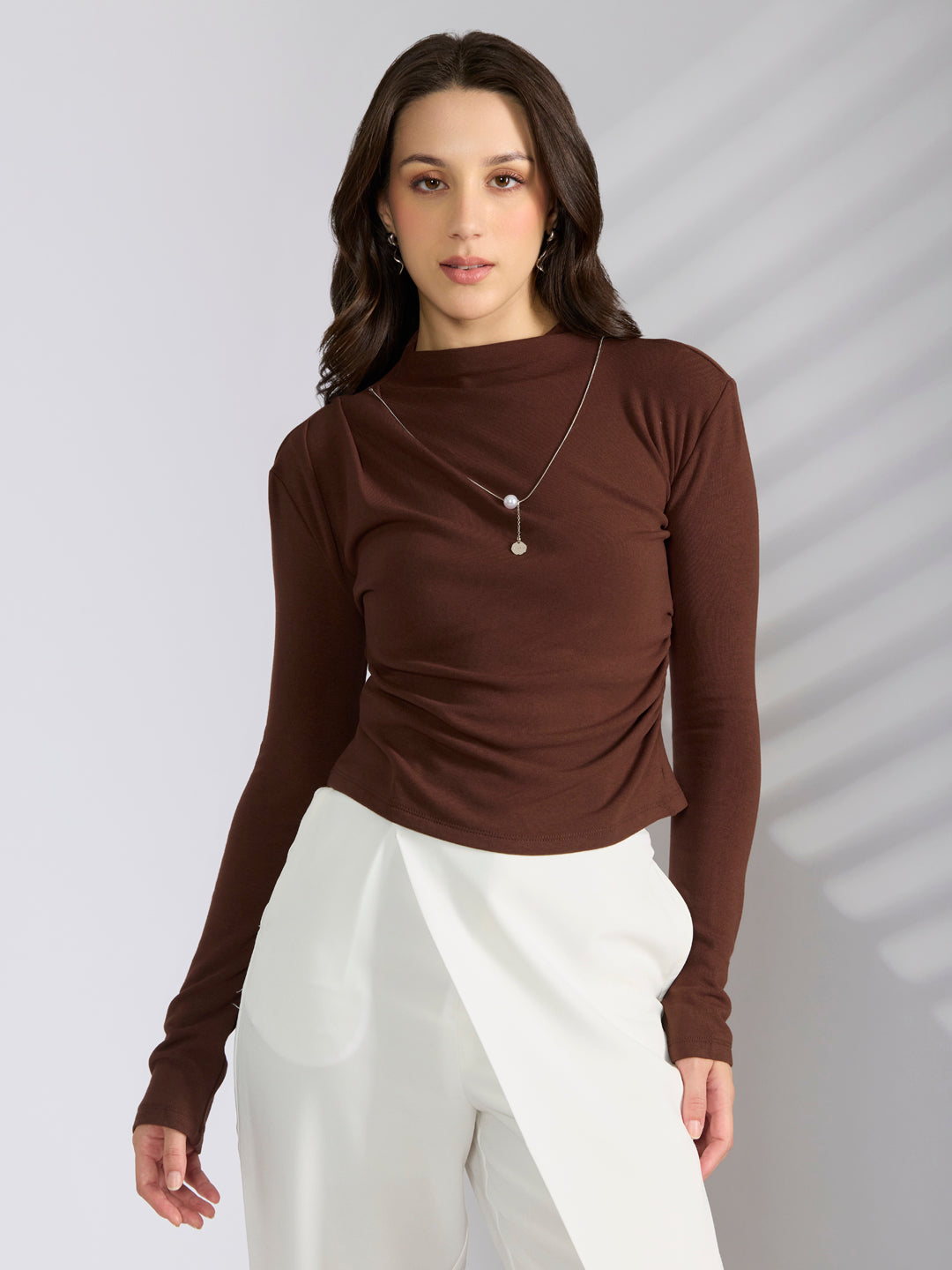 Women's Brown Fitted Ruched Top with Chain