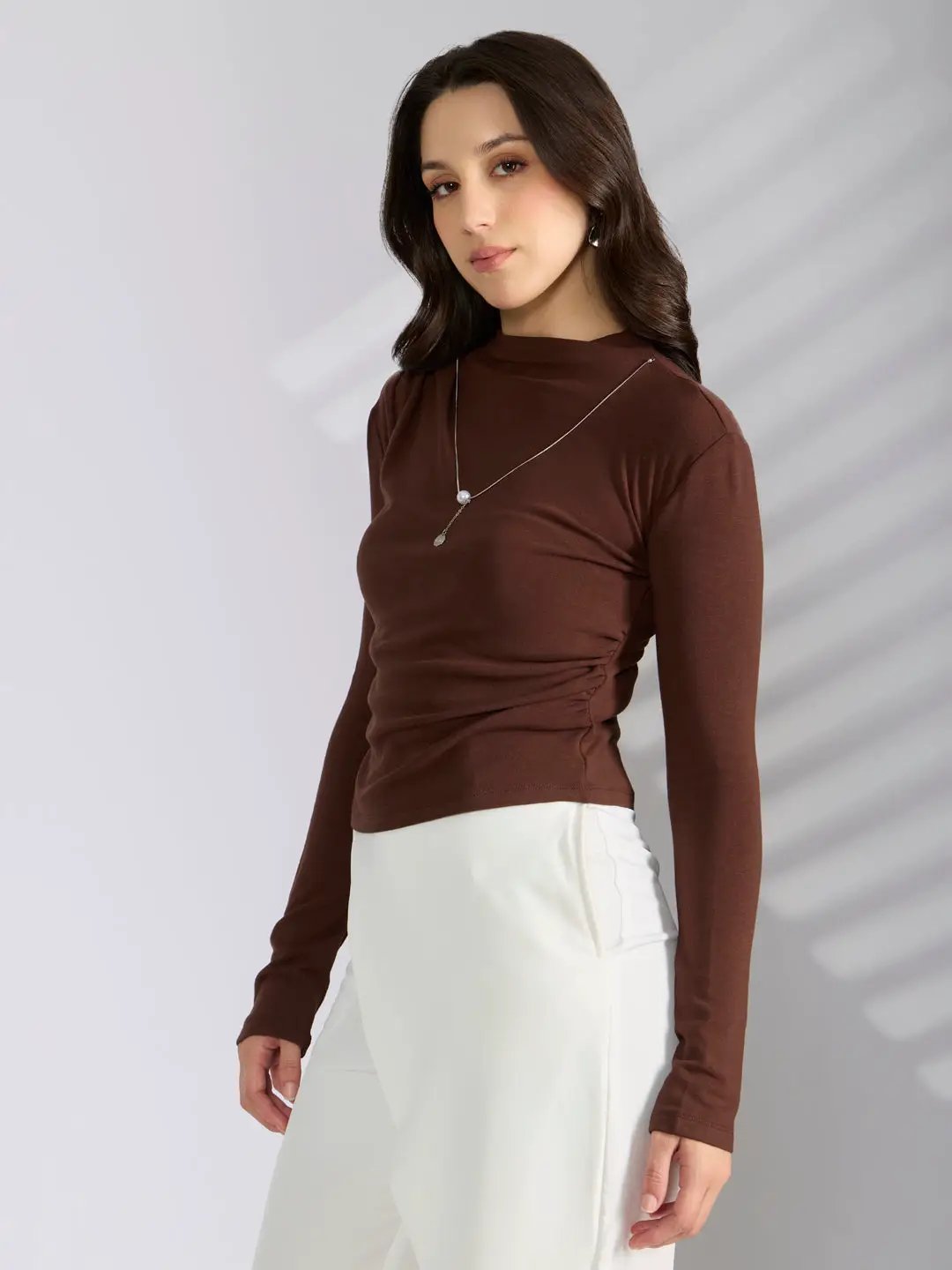 Women's Brown Fitted Ruched Top with Chain - from SHOWOFFFF