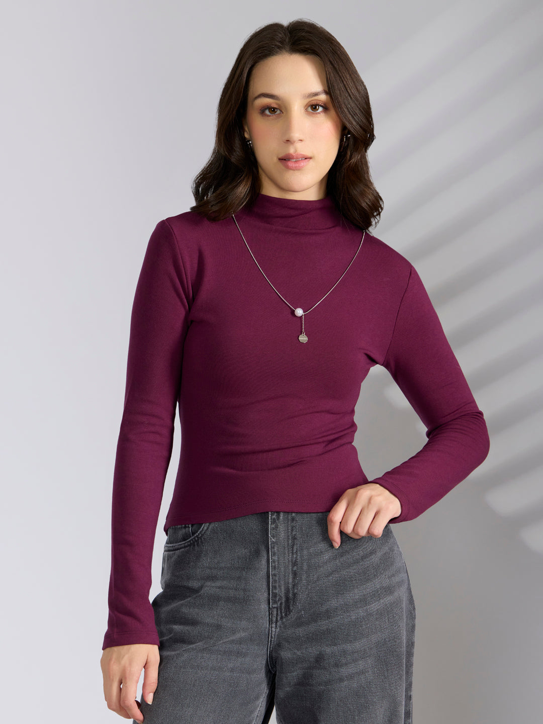 Women's Purple Fitted Ruched Top with Chain
