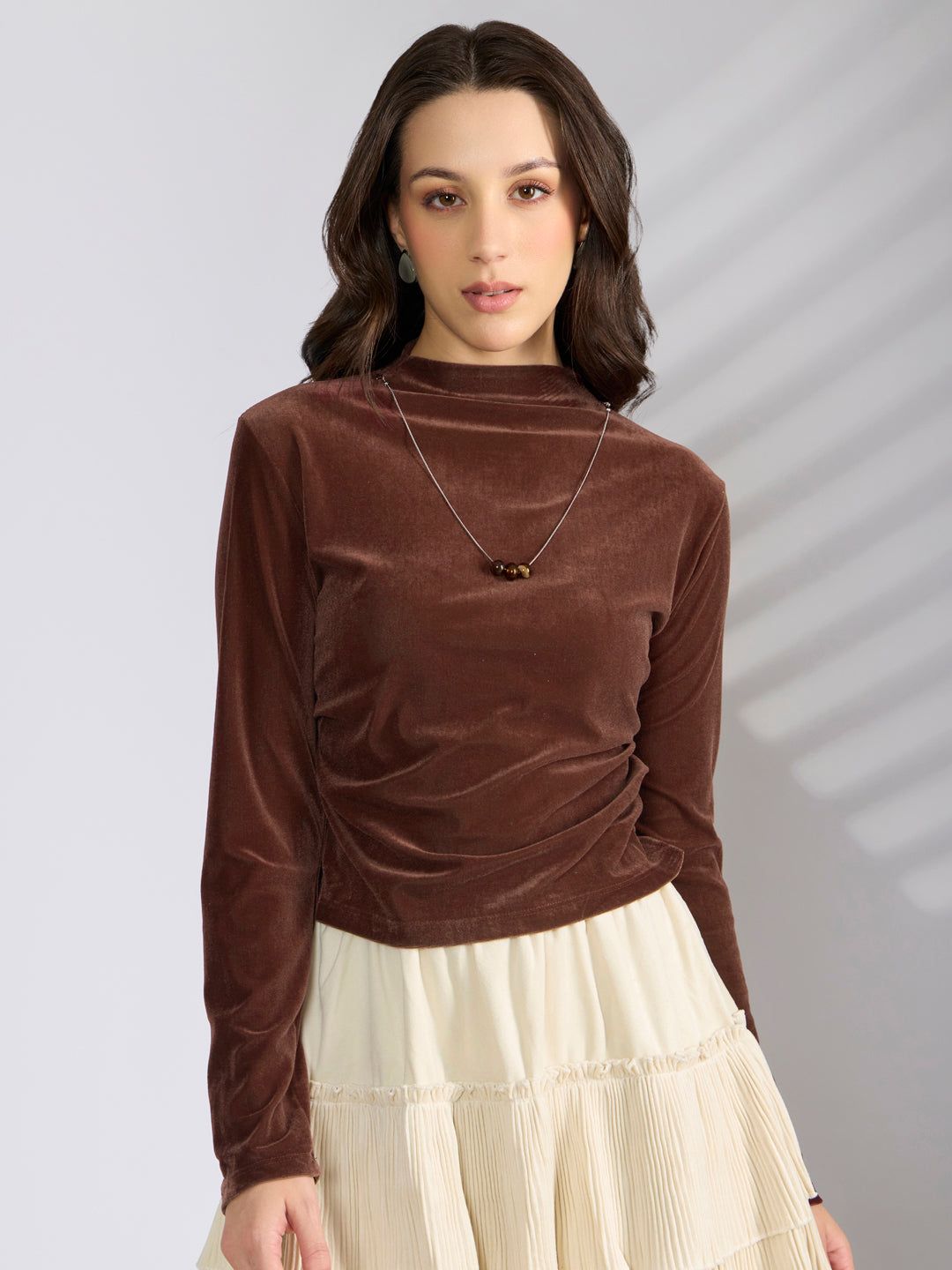 Women's Brown Velvet Fitted Ruched Top with Chain
