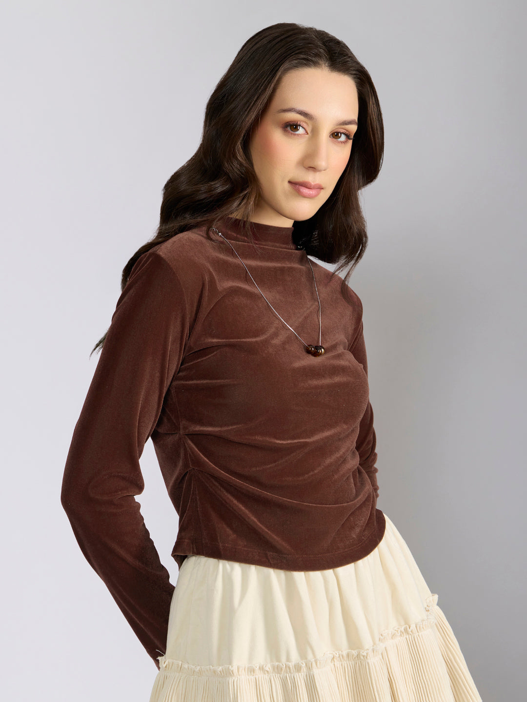 Women's Brown Velvet Fitted Ruched Top with Chain