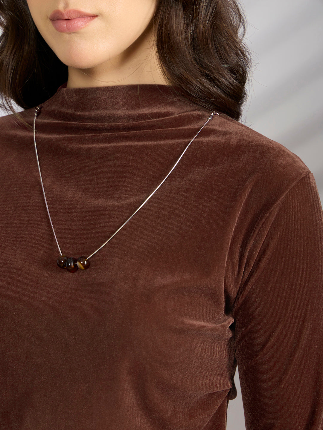 Women's Brown Velvet Fitted Ruched Top with Chain