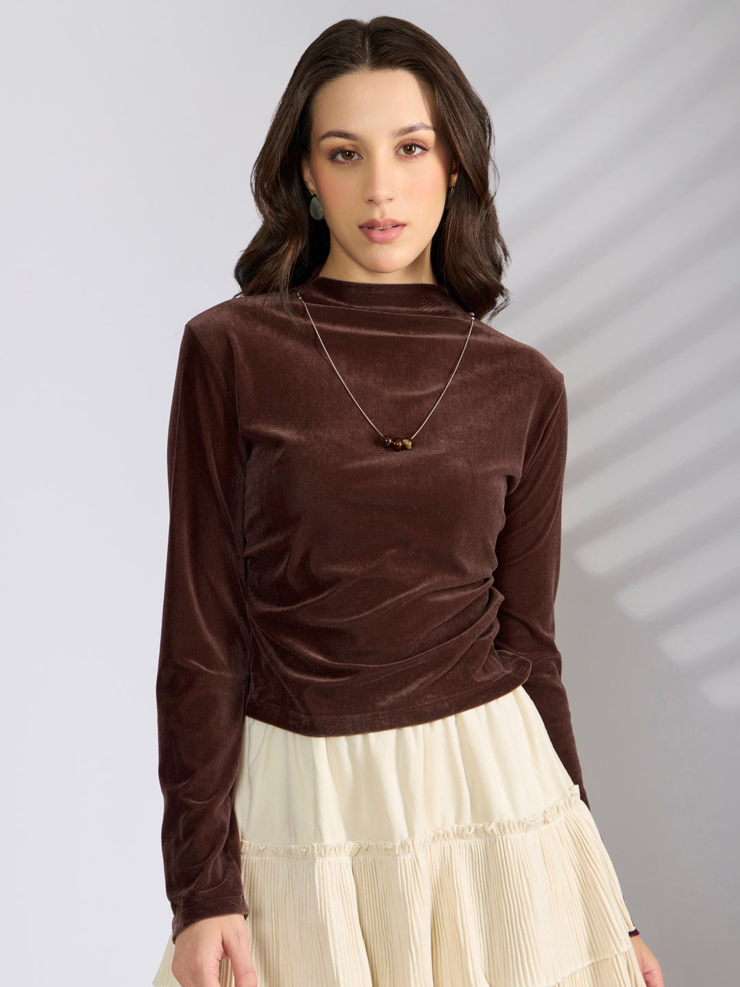Women's Coffee Brown Velvet Fitted Ruched Top with Chain