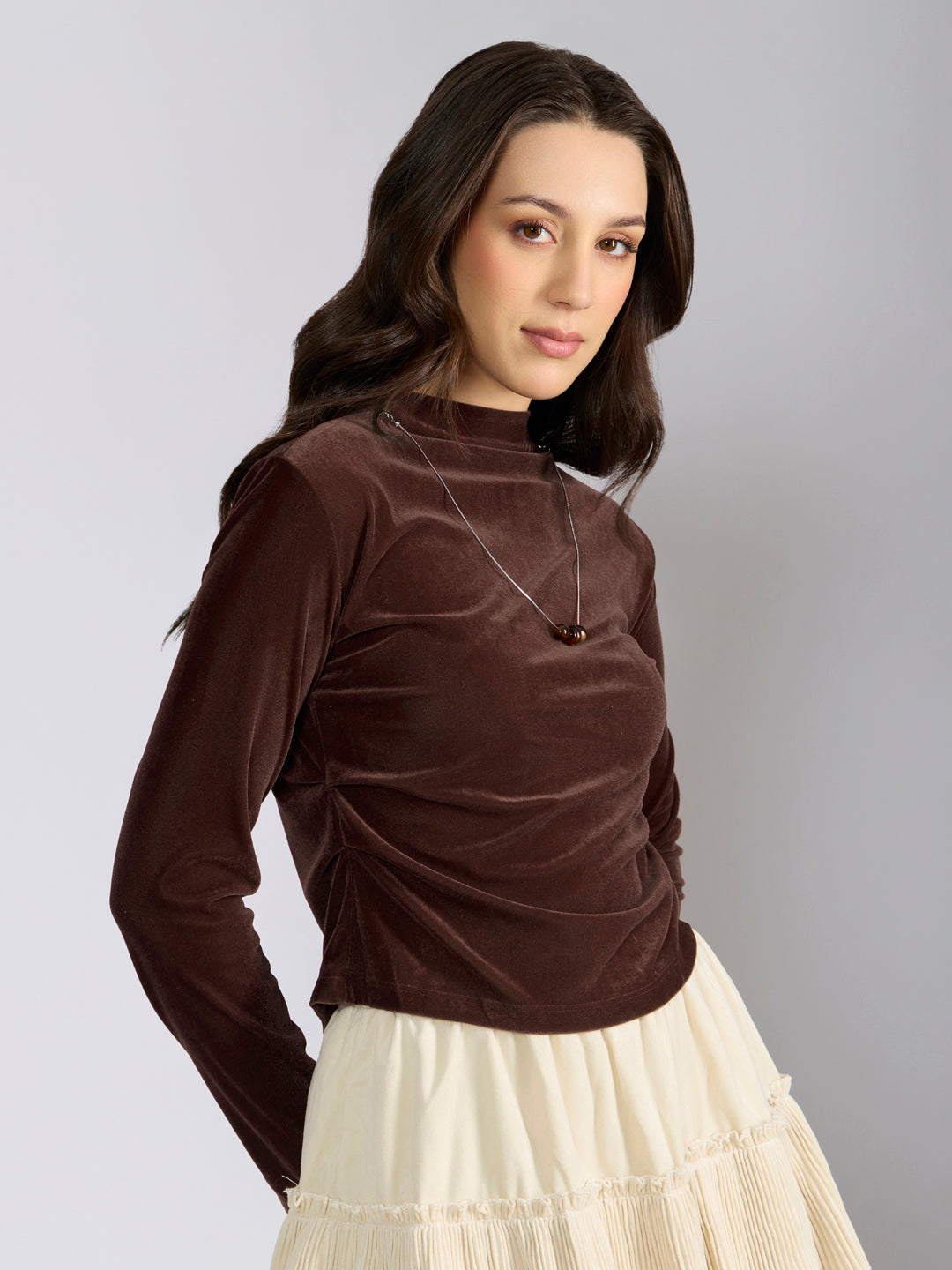 Women's Coffee Brown Velvet Fitted Ruched Top with Chain