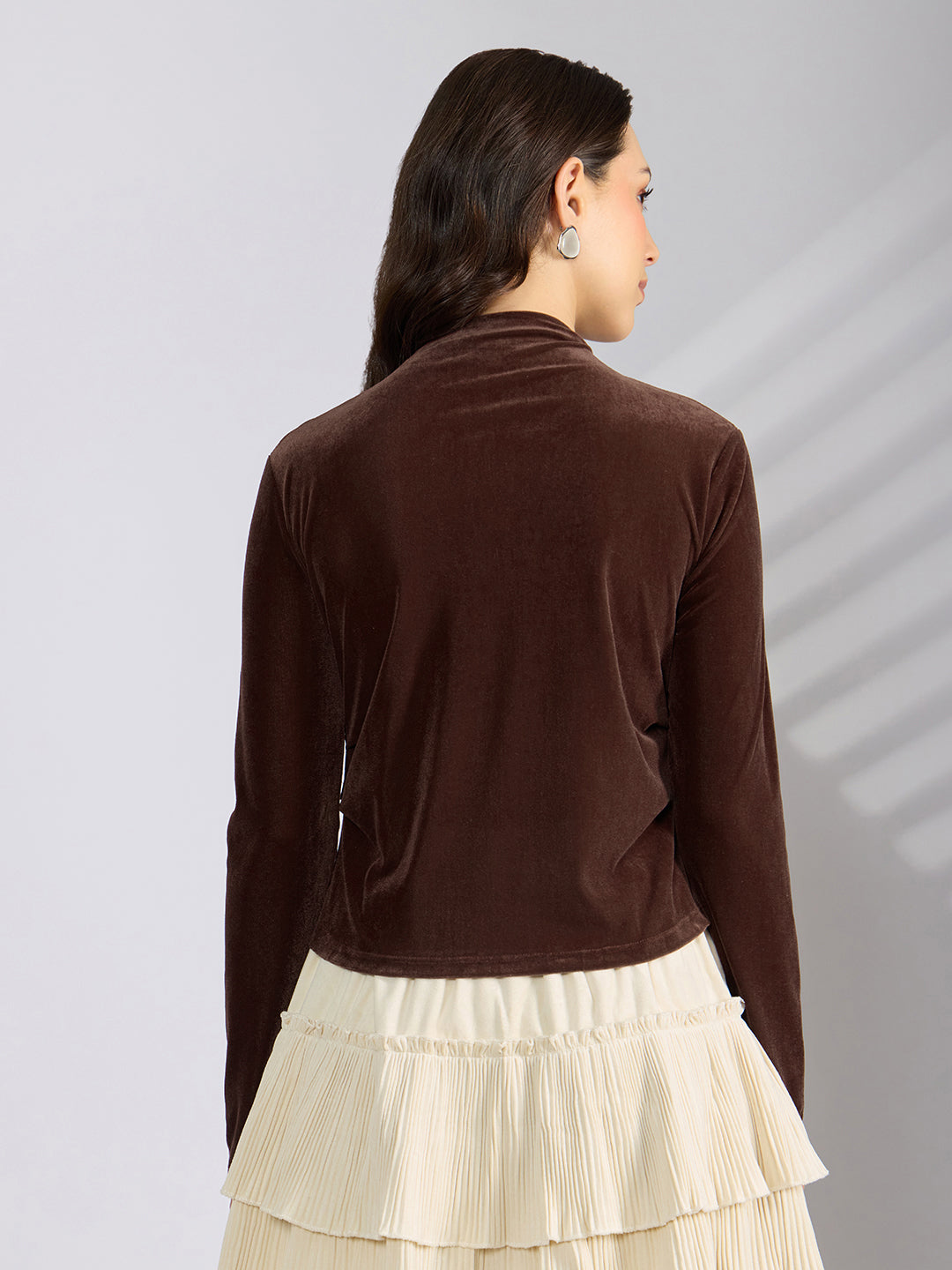 Women's Coffee Brown Velvet Fitted Ruched Top with Chain