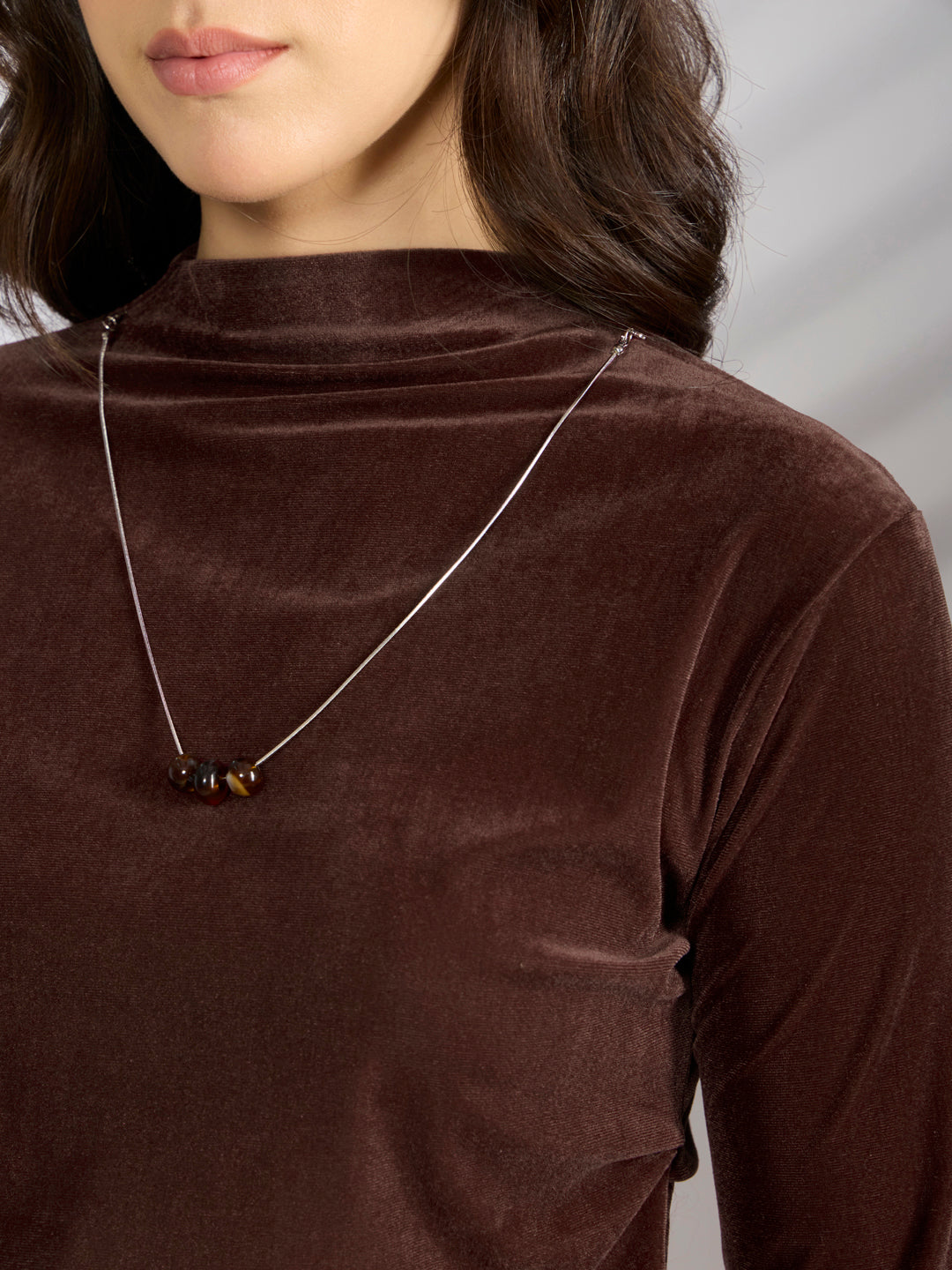 Women's Coffee Brown Velvet Fitted Ruched Top with Chain