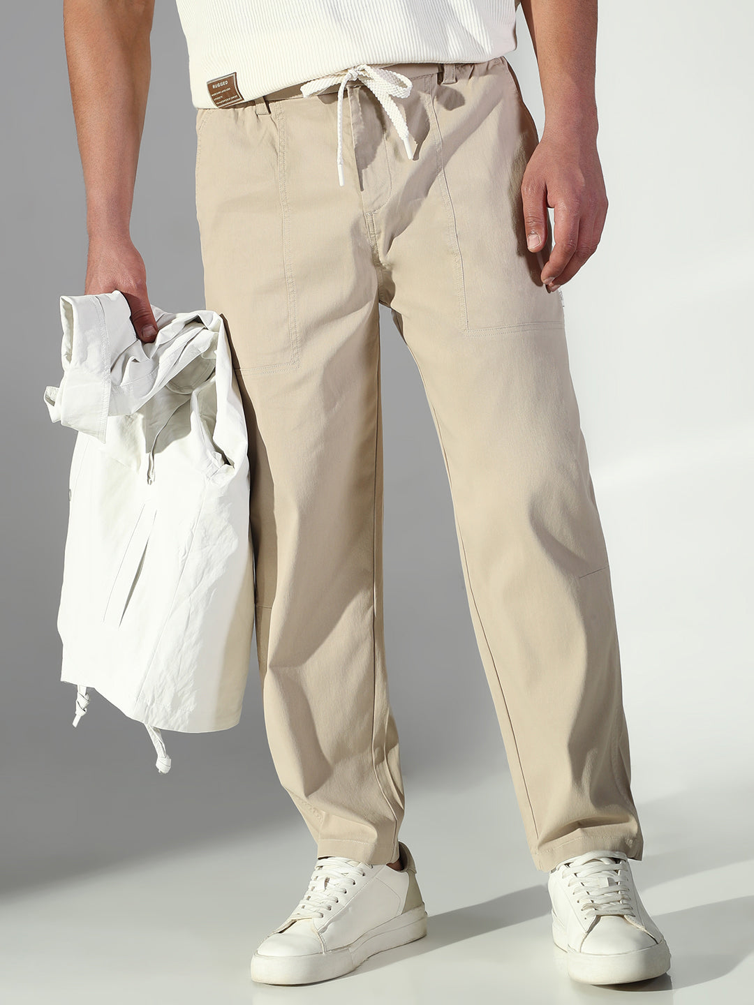 Men Beige Solid Korean Trousers