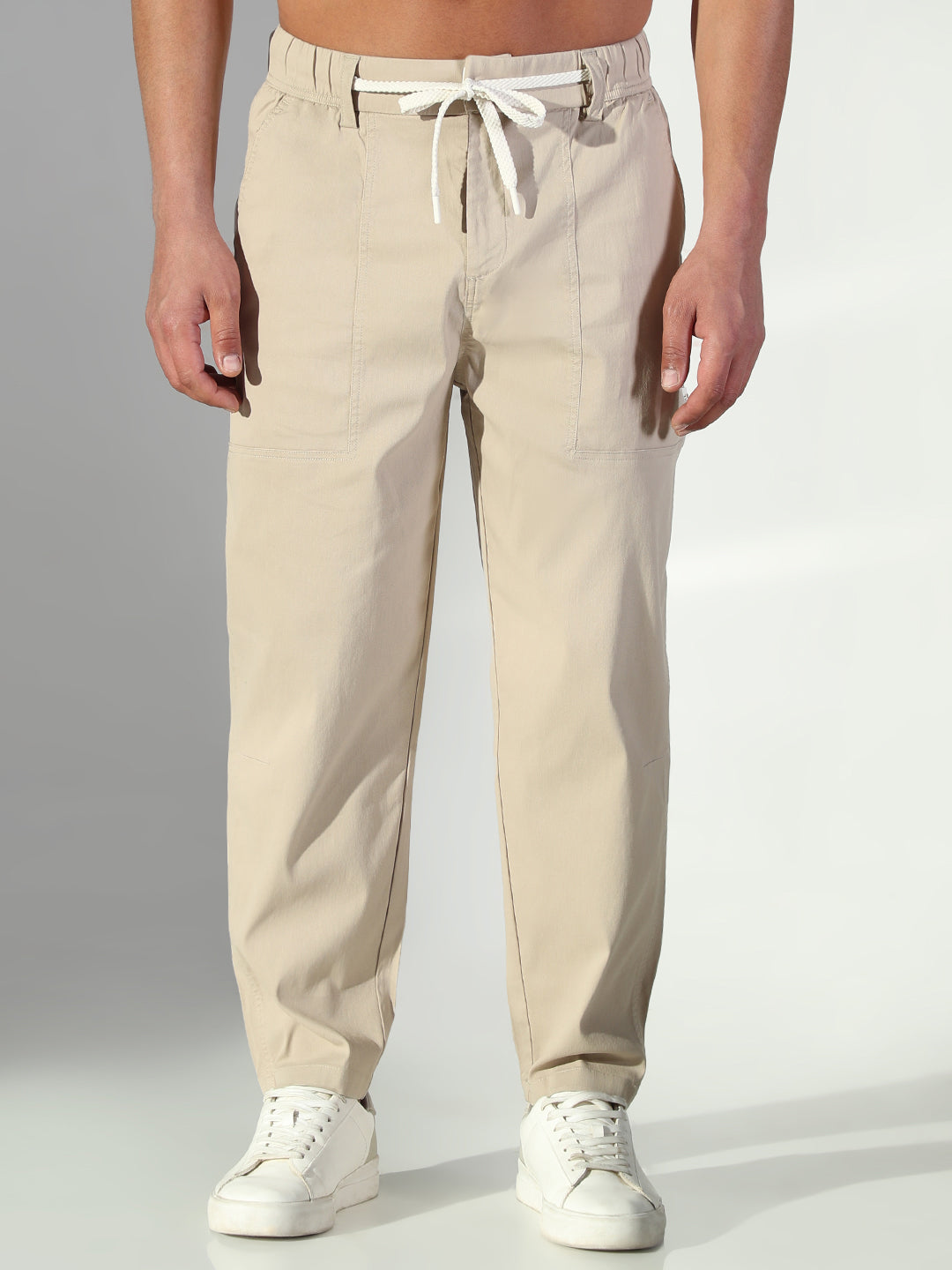 Men Beige Solid Korean Trousers