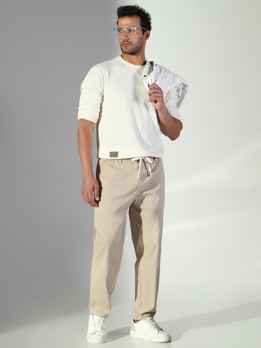 Men Beige Solid Korean Trousers