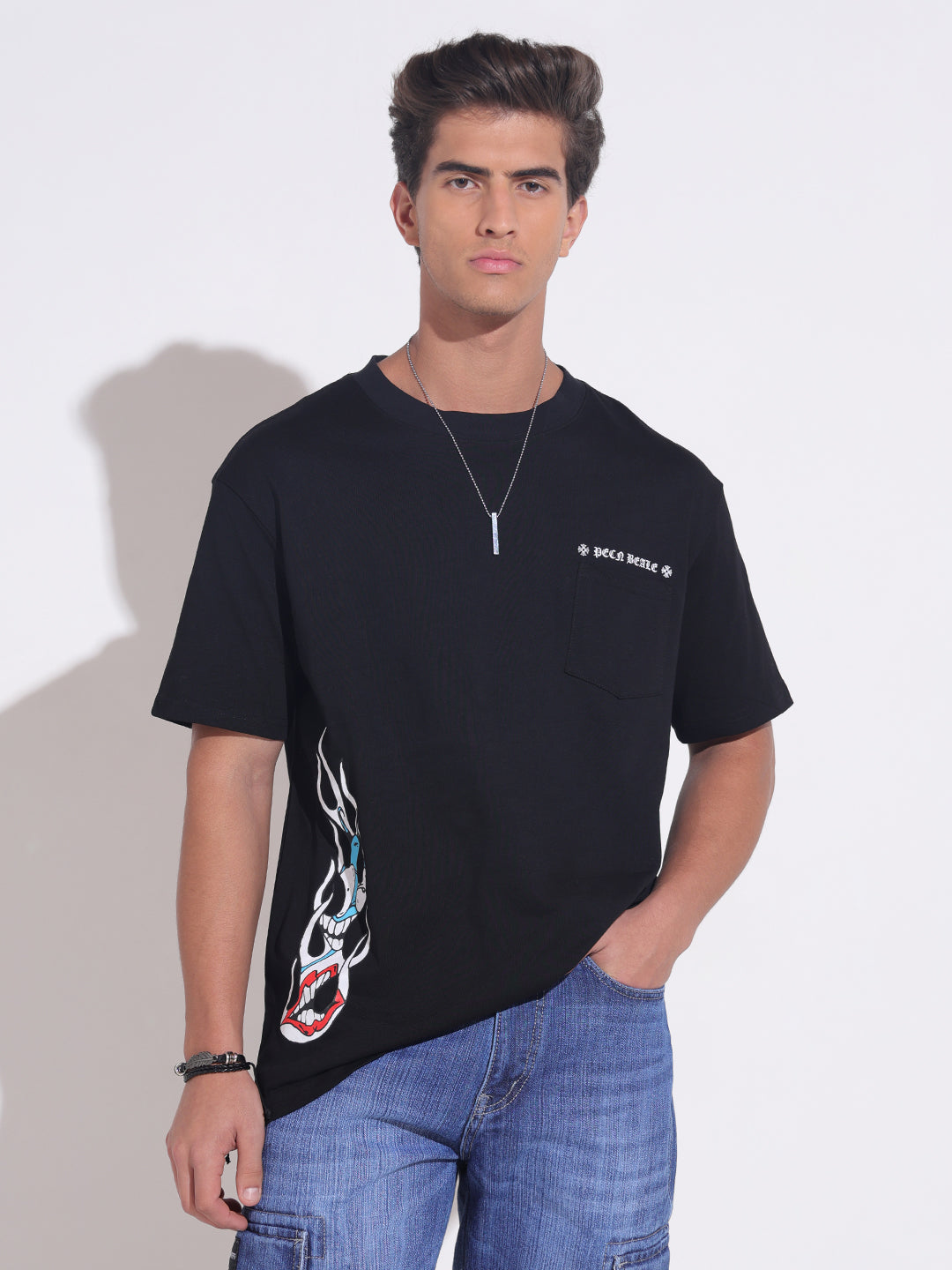 Men's Graphic Print Black T-Shirt with Artwork Detail