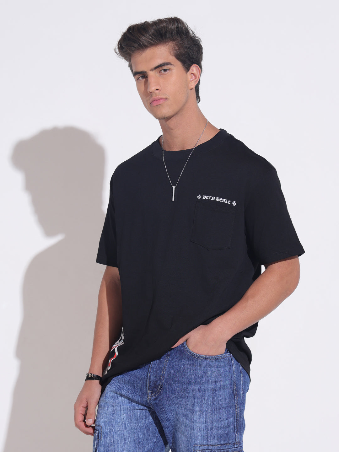 Men's Graphic Print Black T-Shirt with Artwork Detail