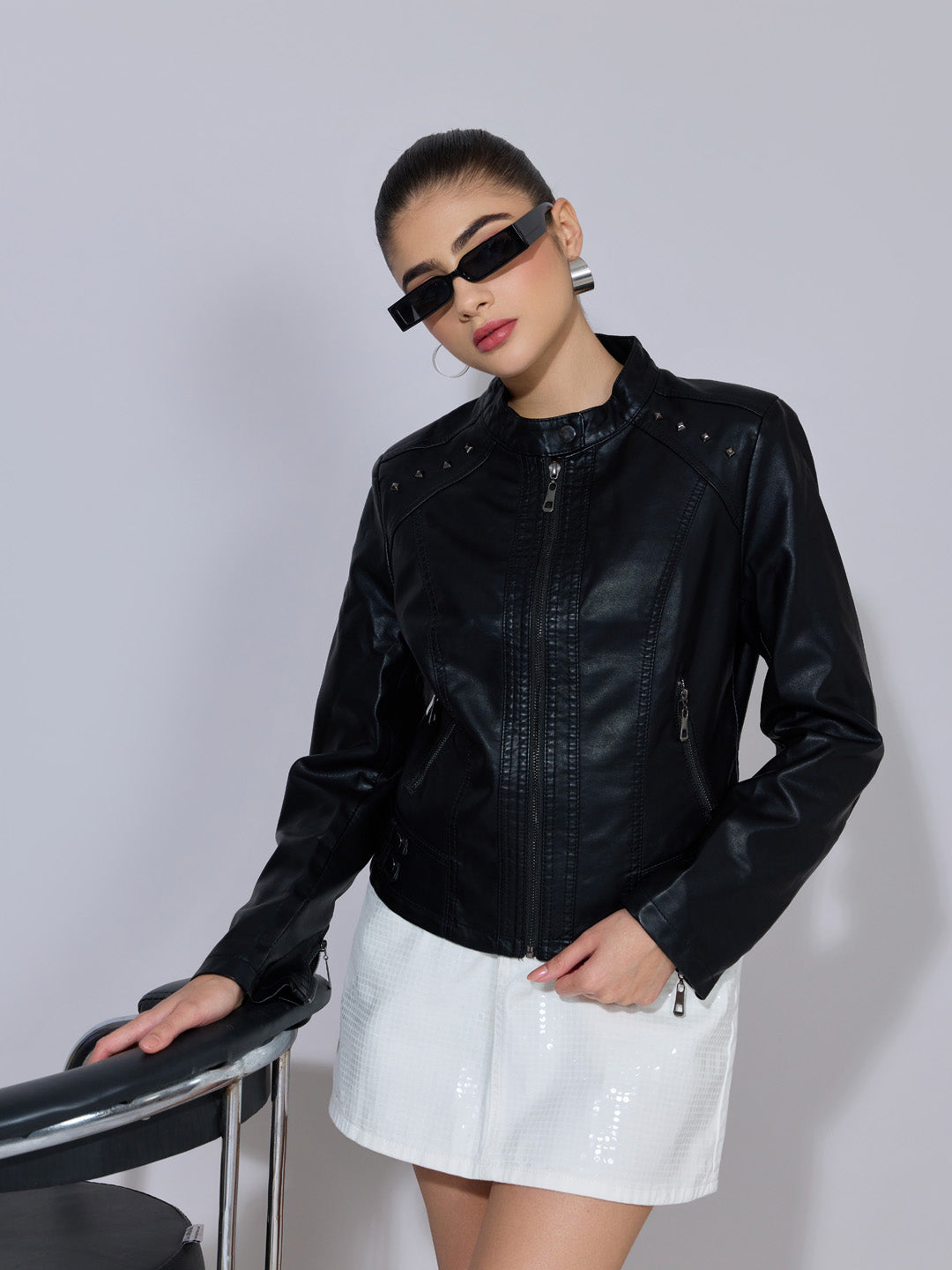 Women's Black Faux Leather Studded Biker Jacket