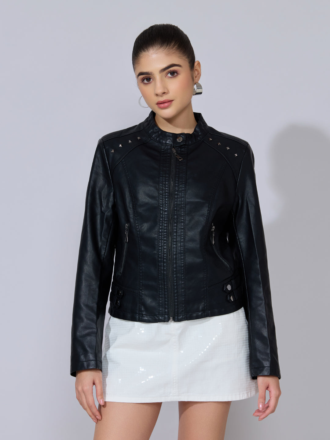 Women's Black Faux Leather Studded Biker Jacket