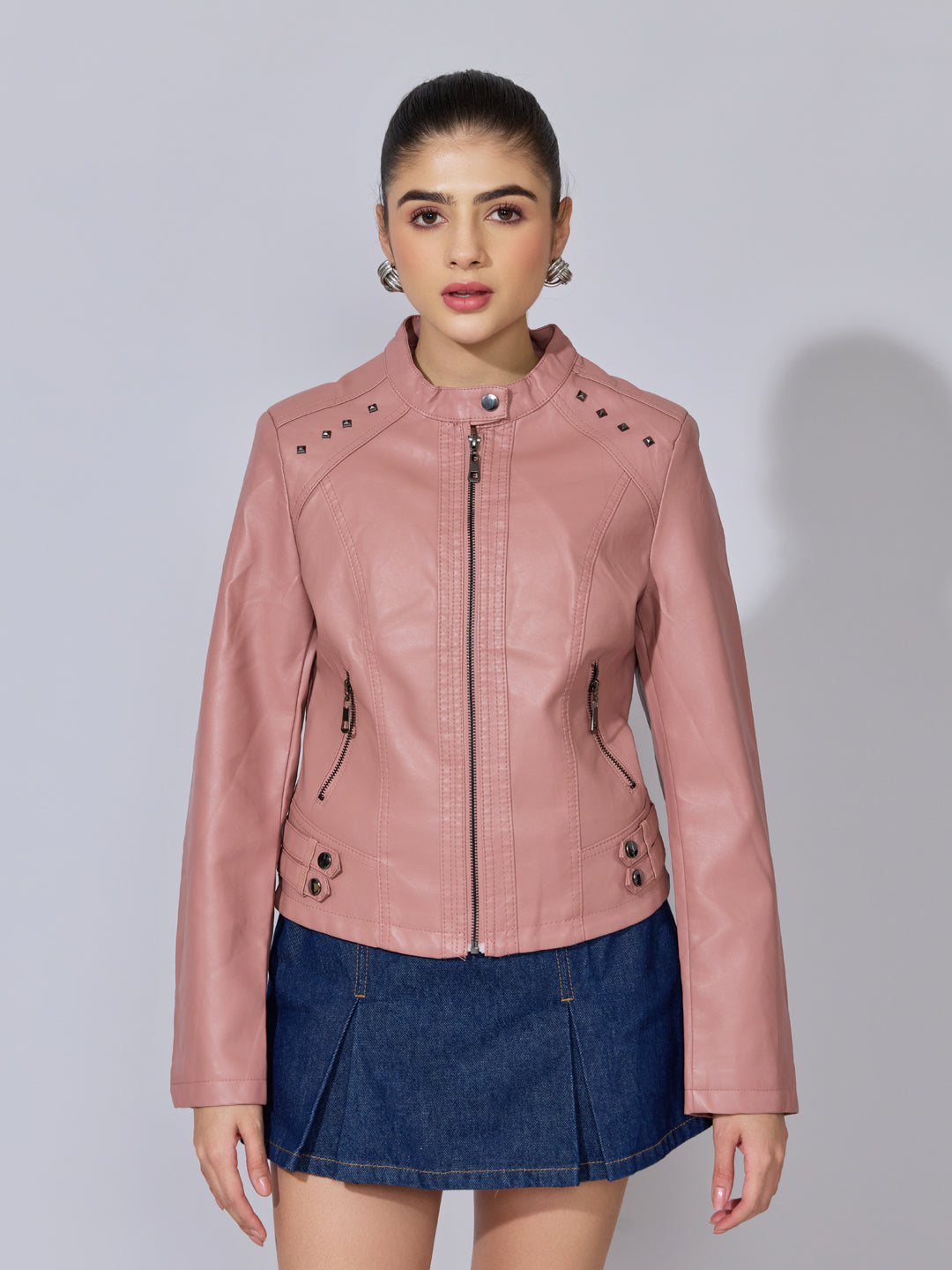 Women's Pink Faux Leather Studded Biker Jacket