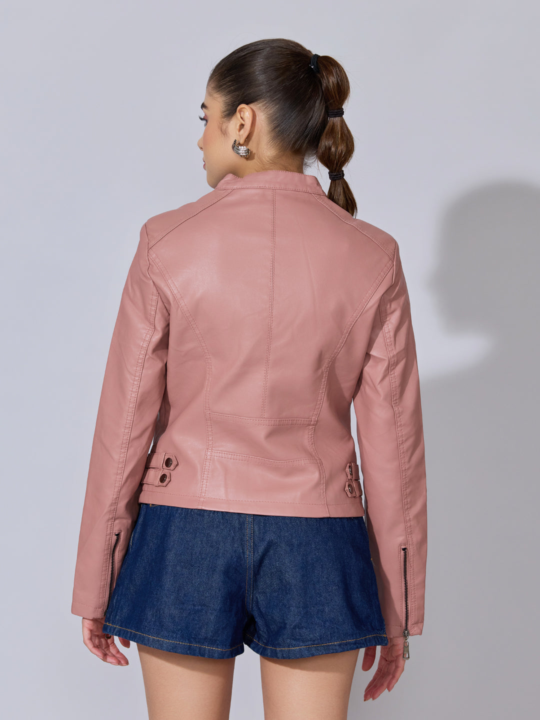 Women's Pink Faux Leather Studded Biker Jacket