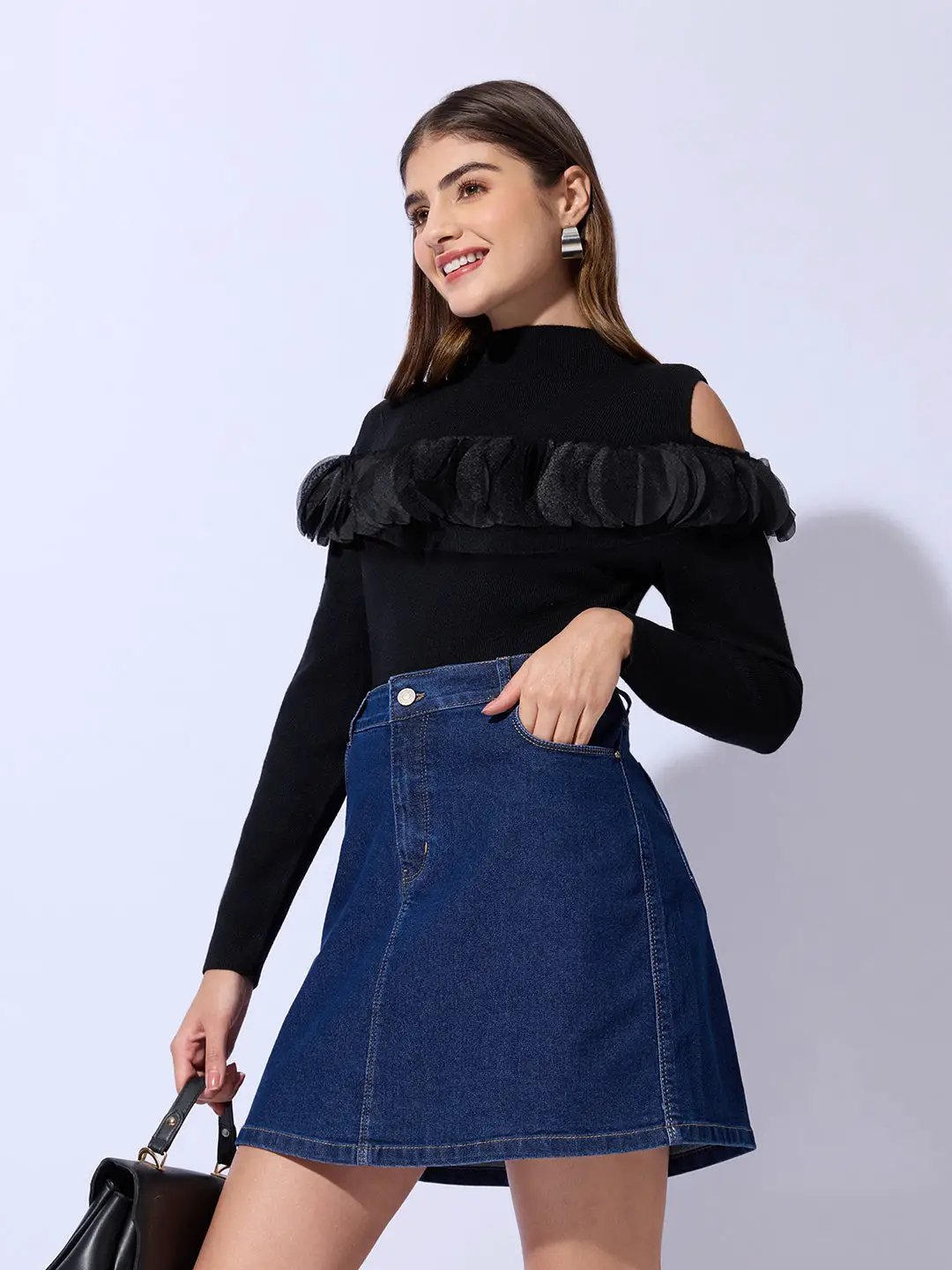 Women's Knitted Black Cold Shoulder Ruffle Top